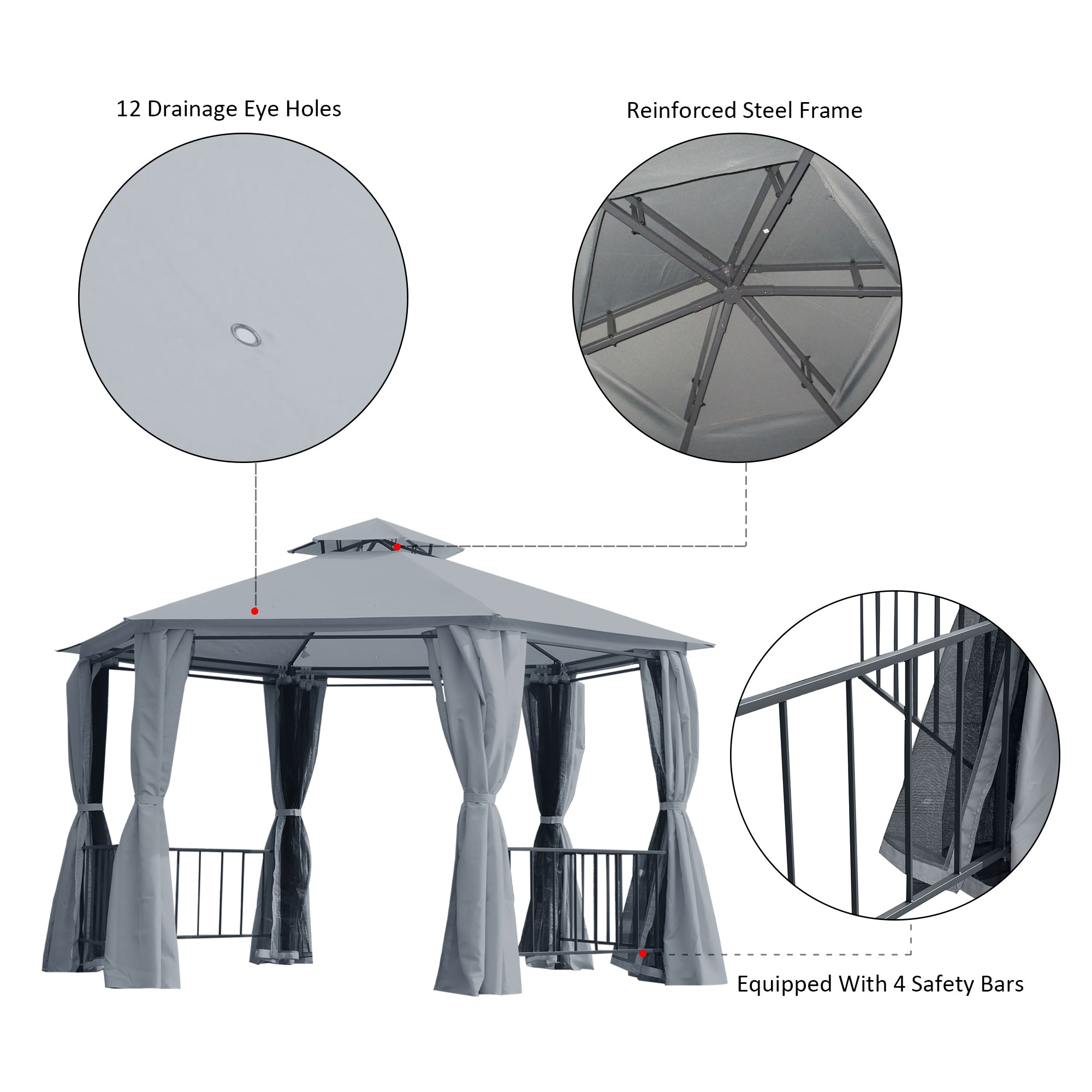 Hexagon Gazebo Patio Tent 3x3m w/ 2 Tier Roof & Side Panel - Grey
