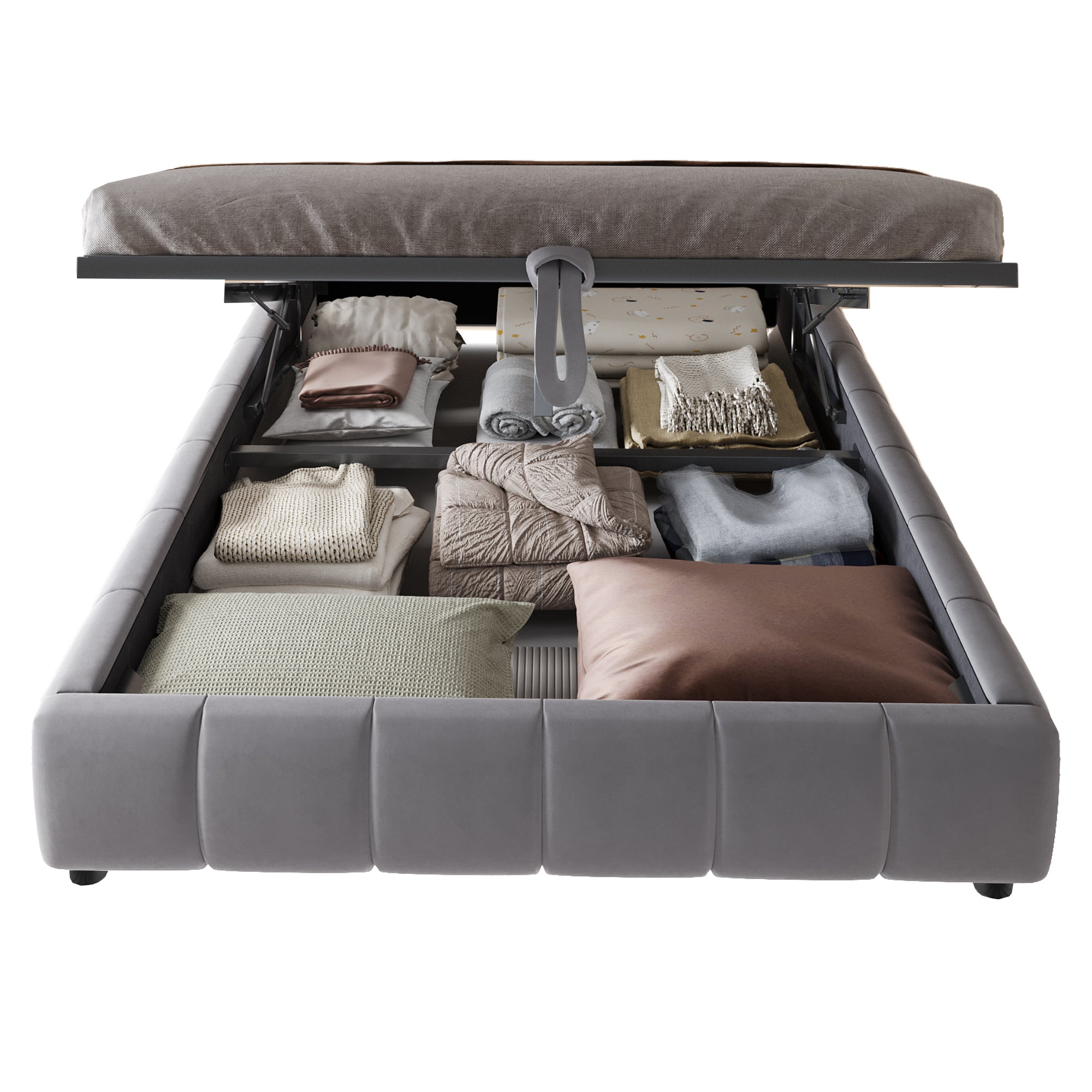Upholstered Bed, 140x200cm LED Floating with Storage, Grey