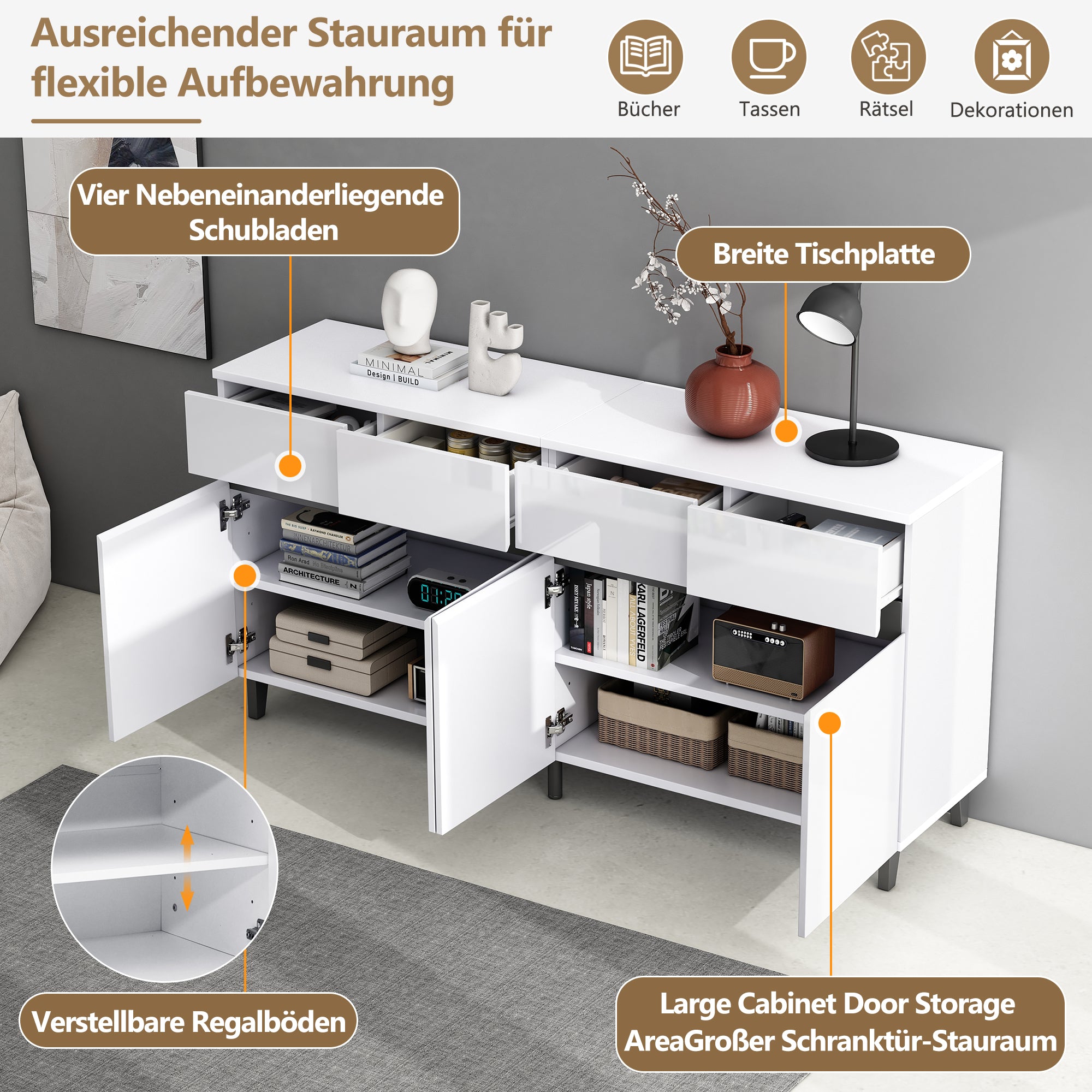 N625P228826849W Sideboard with 4 Drawers, 2 Doors & Adjustable Shelves, High-Gloss White