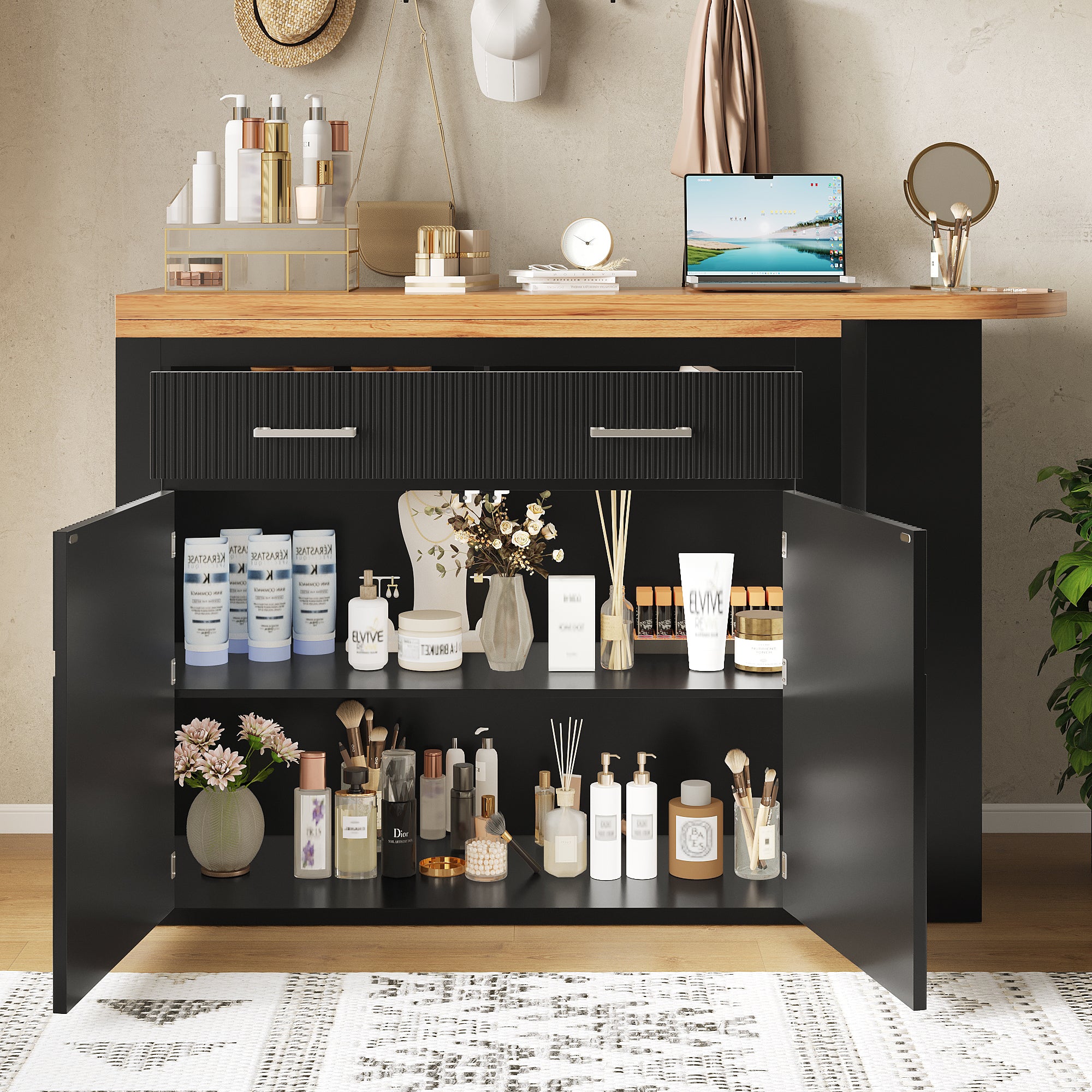 Extendable Bar Table Telescopic Storage Drawer Shelves - Black