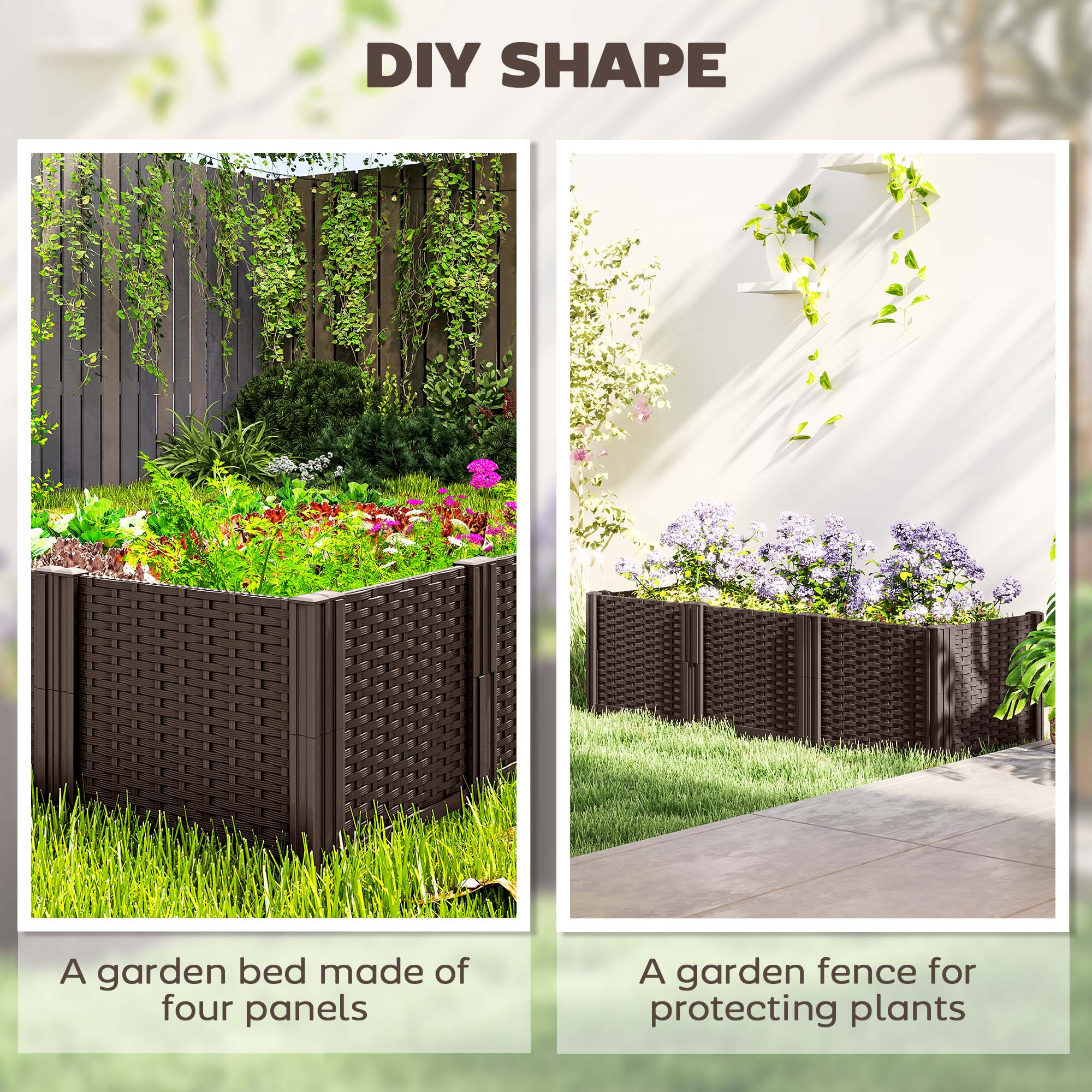 Plastic Raised Garden Bed, Modular Planter Box Kit Garden Fence Edging Border, Brown