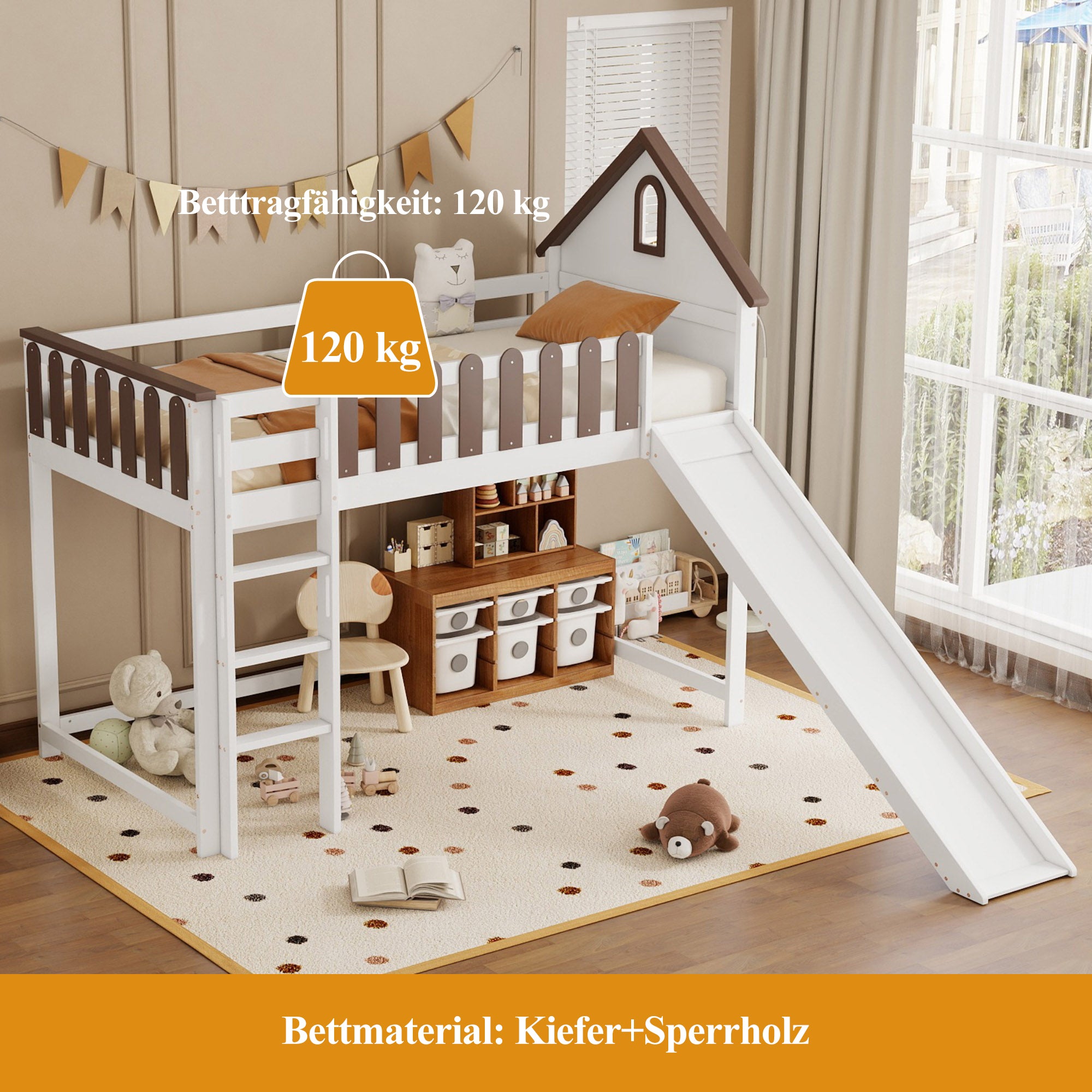 Loft Bed, Roof & Window, 3-Step Ladder, Slide, Pine+MDF, White+Walnut