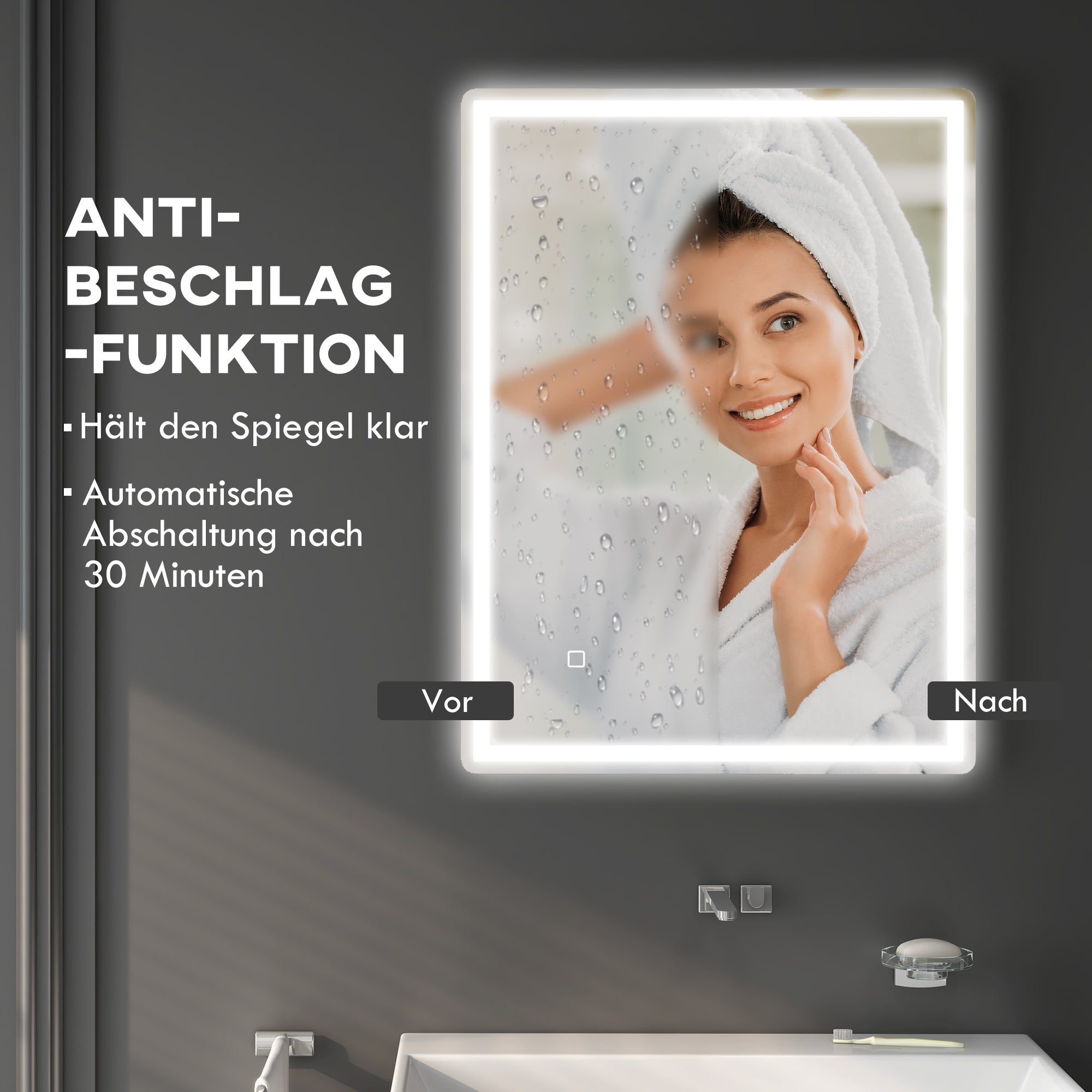 Dimmable Bathroom Mirror 80x60cm Memory Anti-Fog Surface, Glass