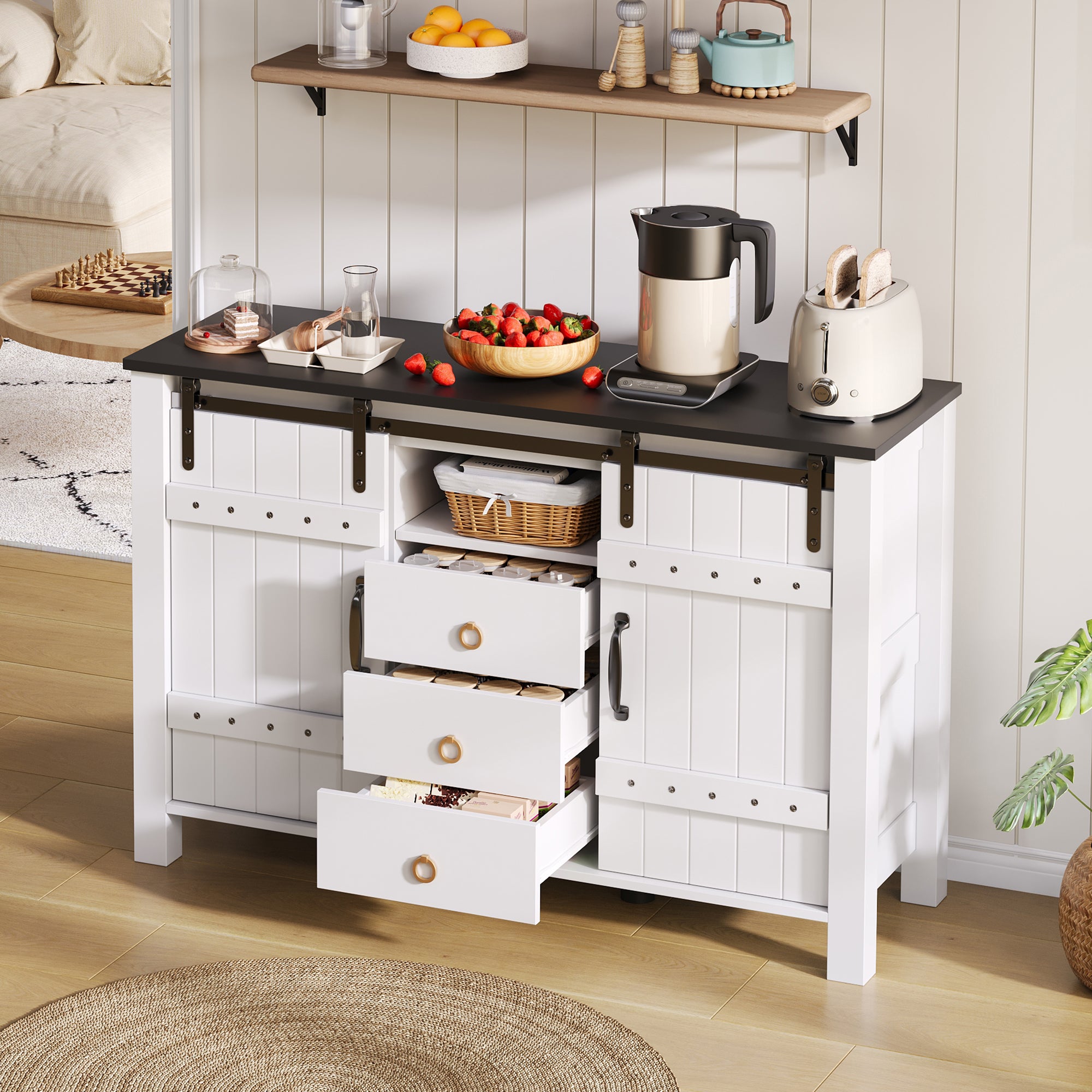 Sideboard Buffet 120cm Sliding Doors 3 Drawers - Rustic White