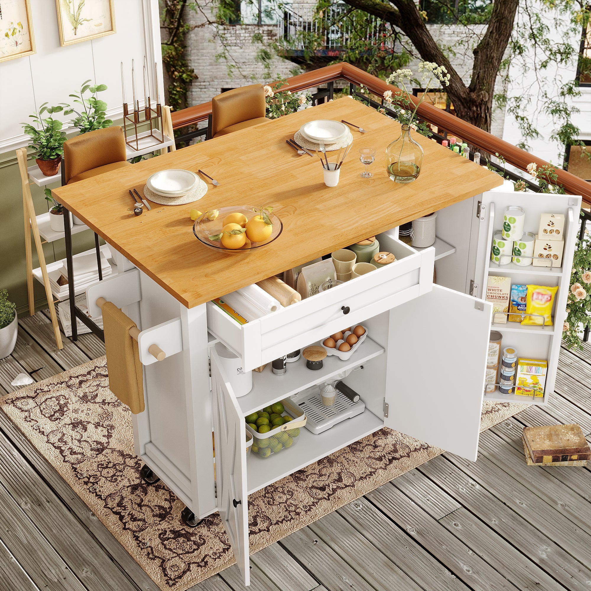 Mobile Kitchen Island with Foldable Table and Storage Drawers, White MDF