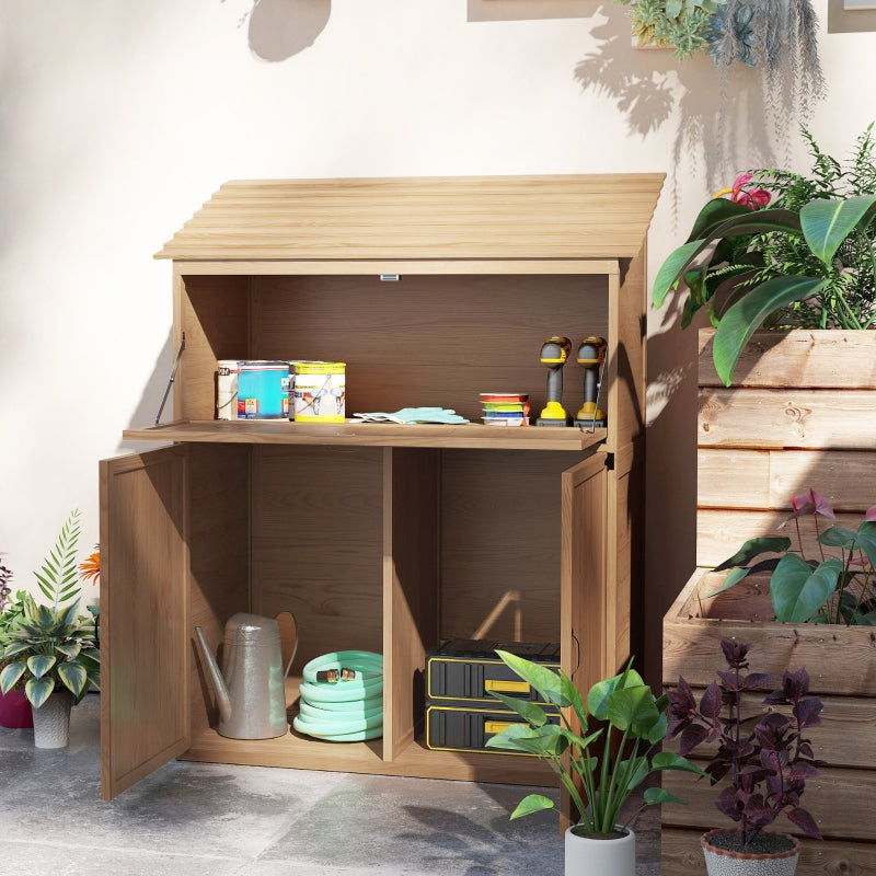 Garden Cabinet, Tool Shed with Folding Shelf & Double Doors, Natural Wood