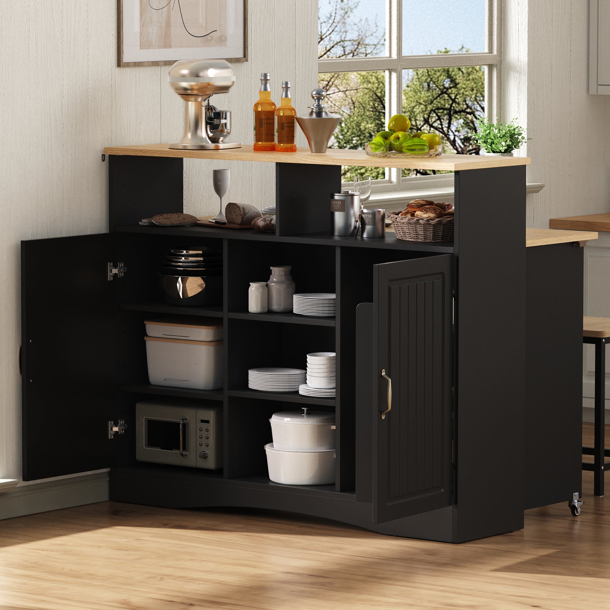 Kitchen Island Sideboard Extendable Dining Area Ample Storage Black