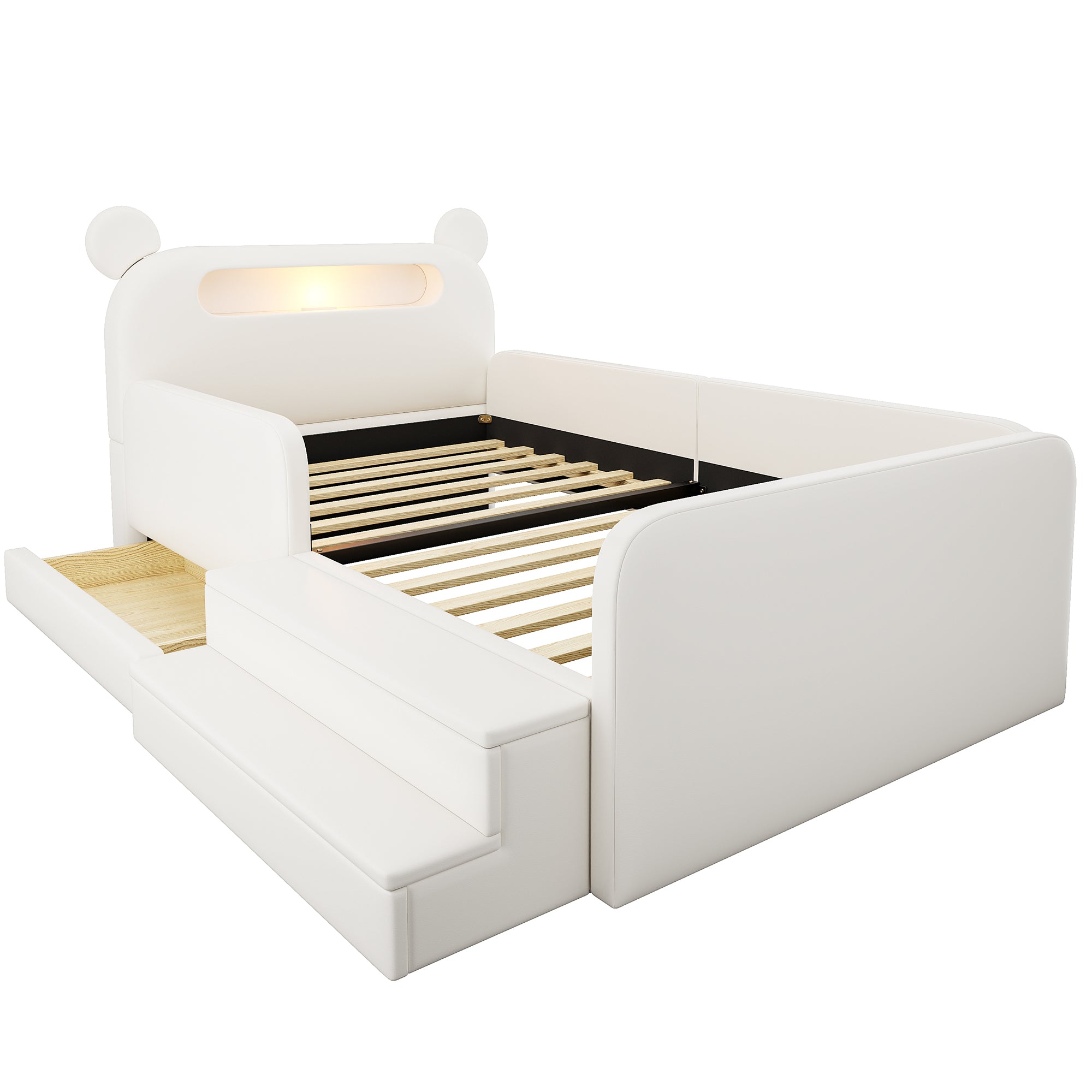 Children's Upholstered Bed 90x200cm Bear Headboard Night Light USB Storage Step Seat White Faux Leather