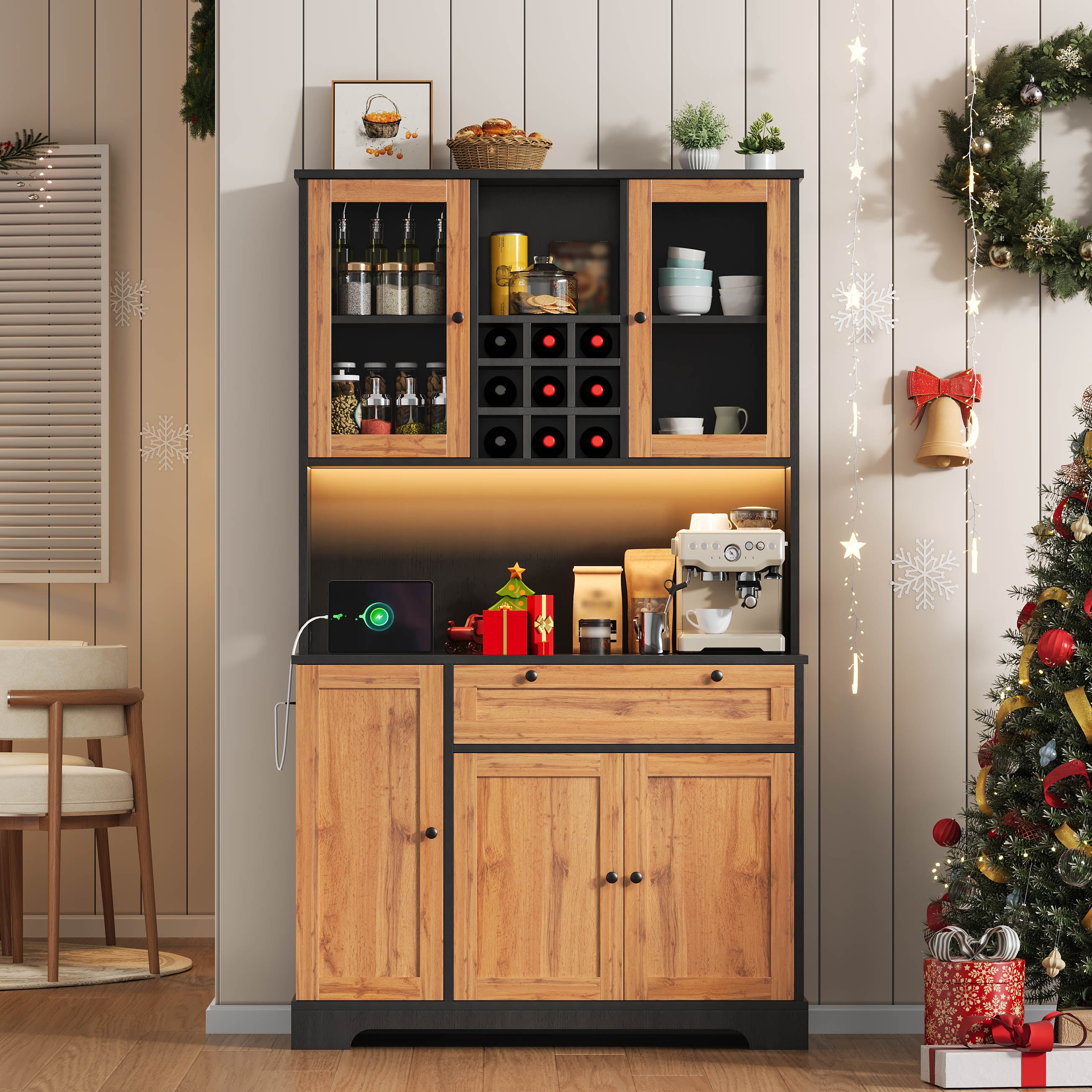 Tall Kitchen Storage Cabinet with LED Lighting and Power Outlet, White and Wood Look