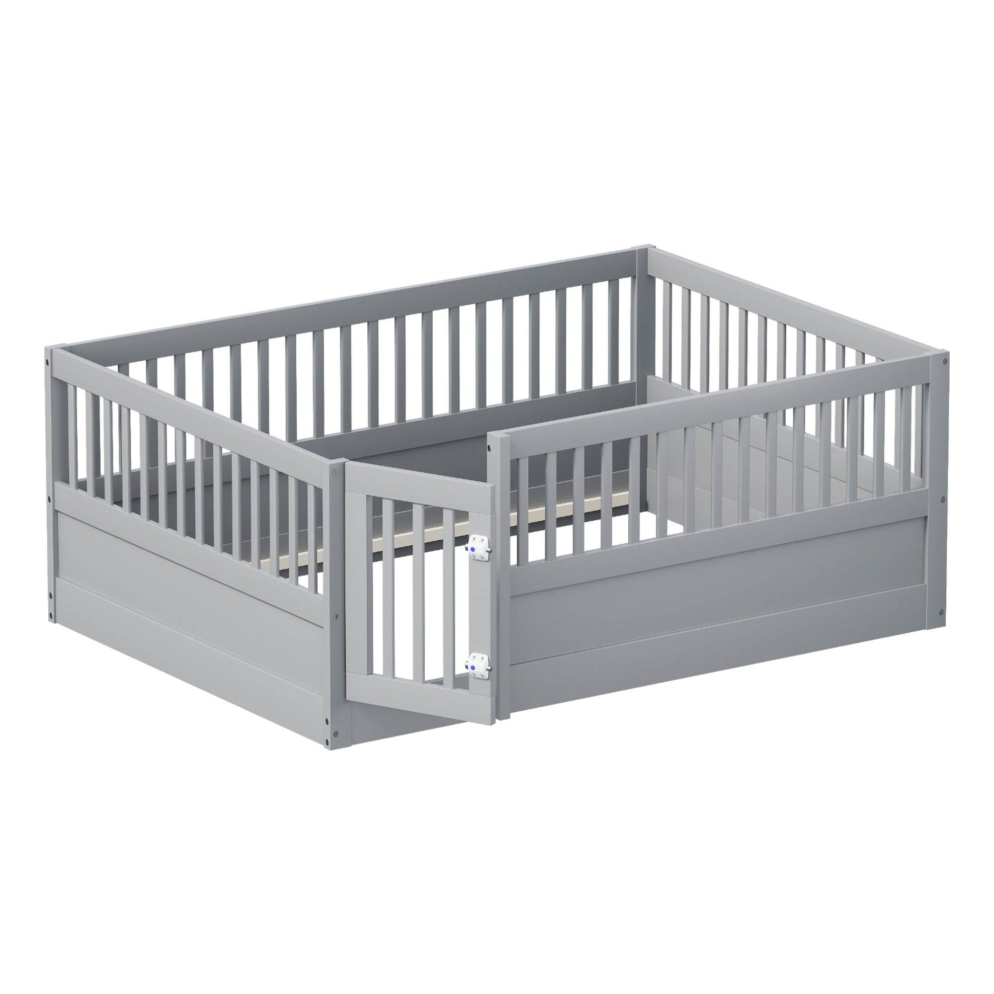 Children's Bed 140 x 200 cm, Wooden Frame with Bars & Door, Grey