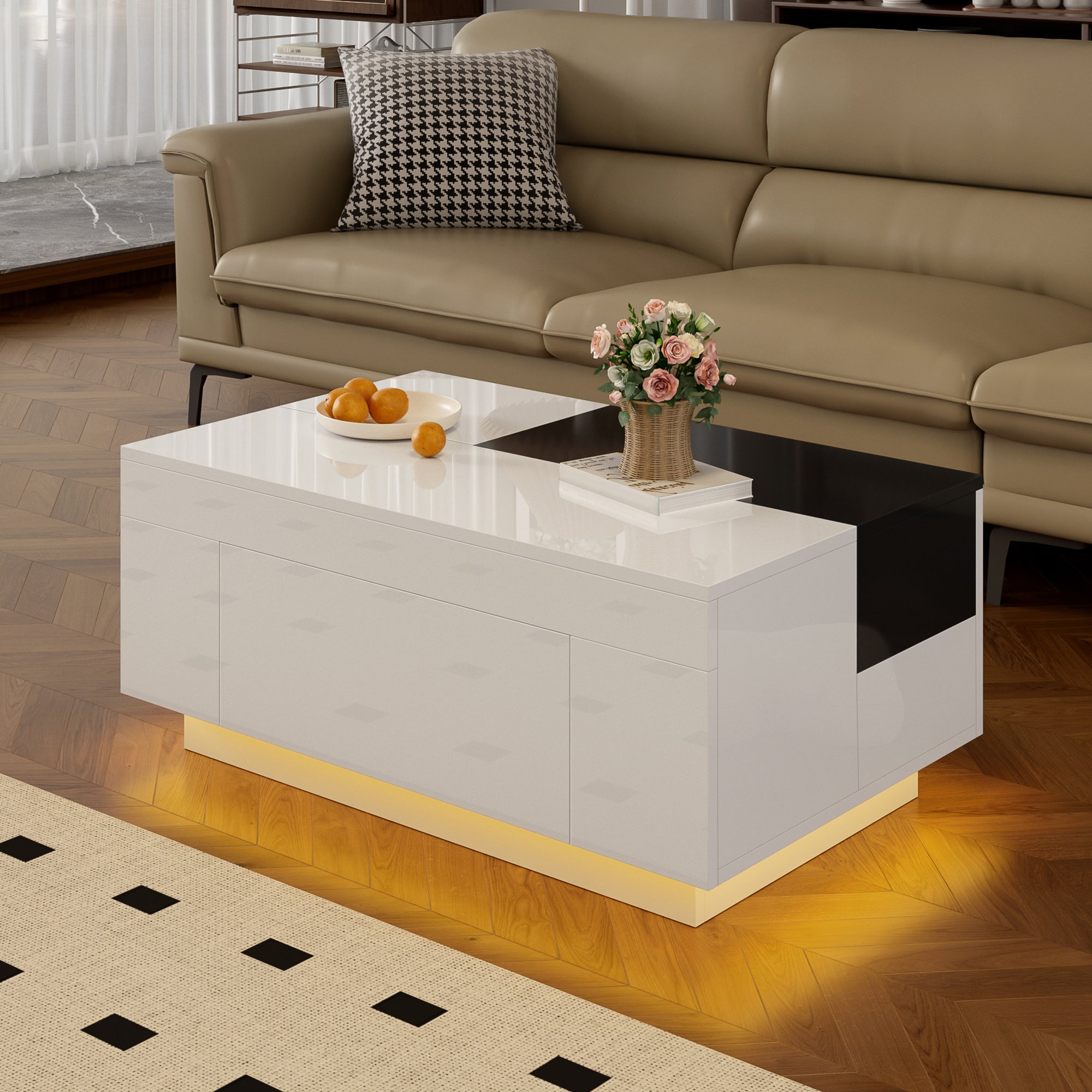 Coffee Table with LED Lighting, Extendable Tabletop, Storage - Black and White