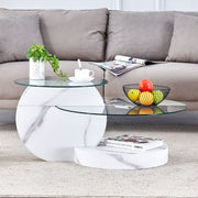 Modern Coffee Table Double-Layered Safety Glass Multi-Tiered White Marble Effect MDF