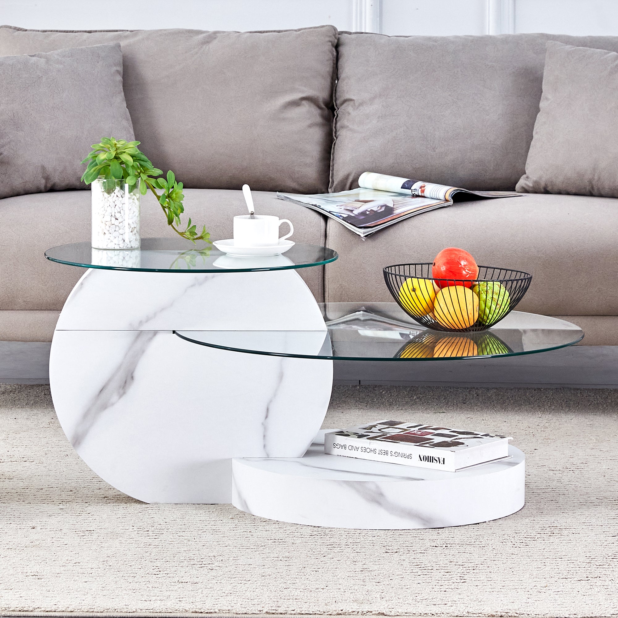 Modern Coffee Table Double-Layered Safety Glass Multi-Tiered White Marble Effect MDF