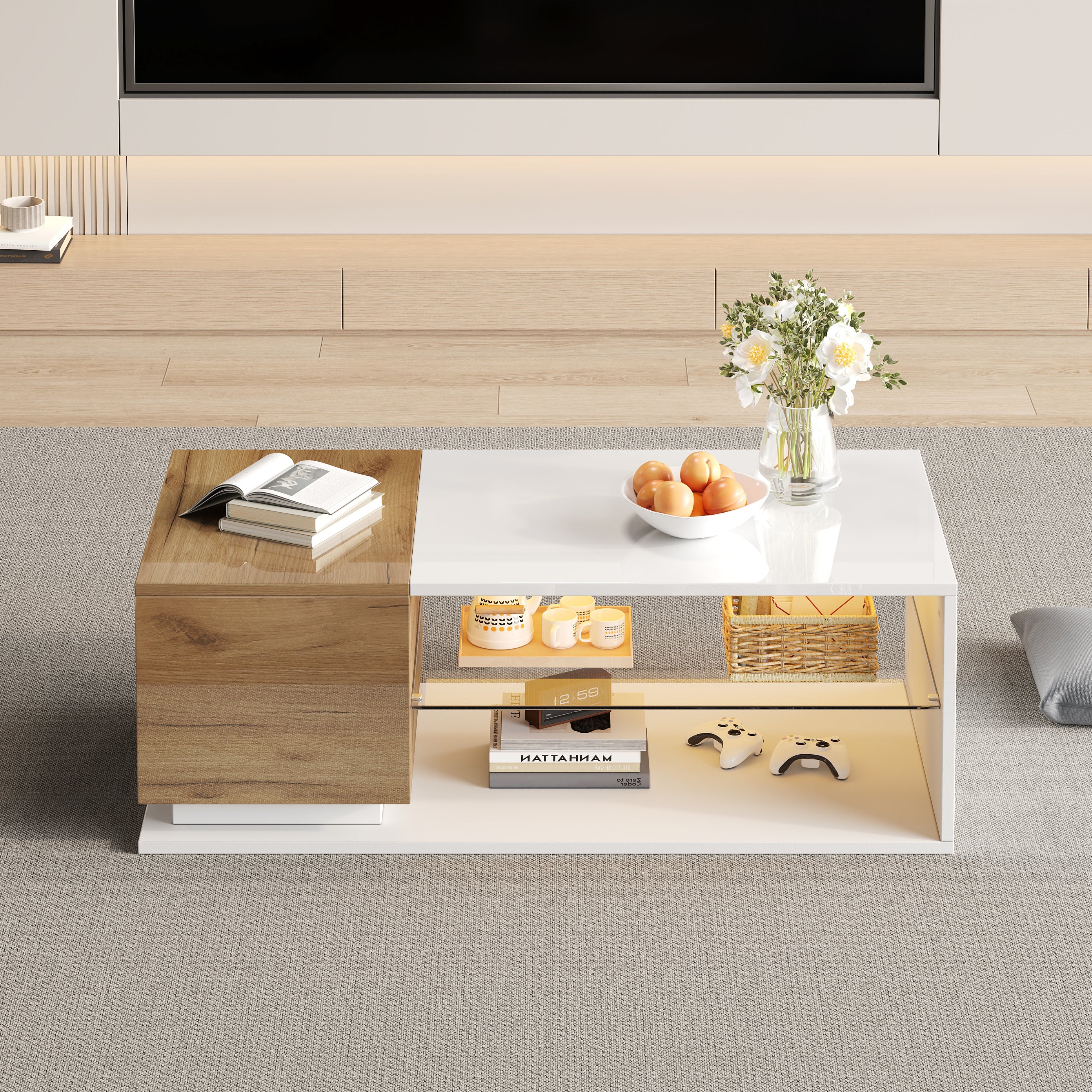 Coffee Table with Open Storage, Glass Shelves and LED, High Gloss White + Wood, MDF + Glass