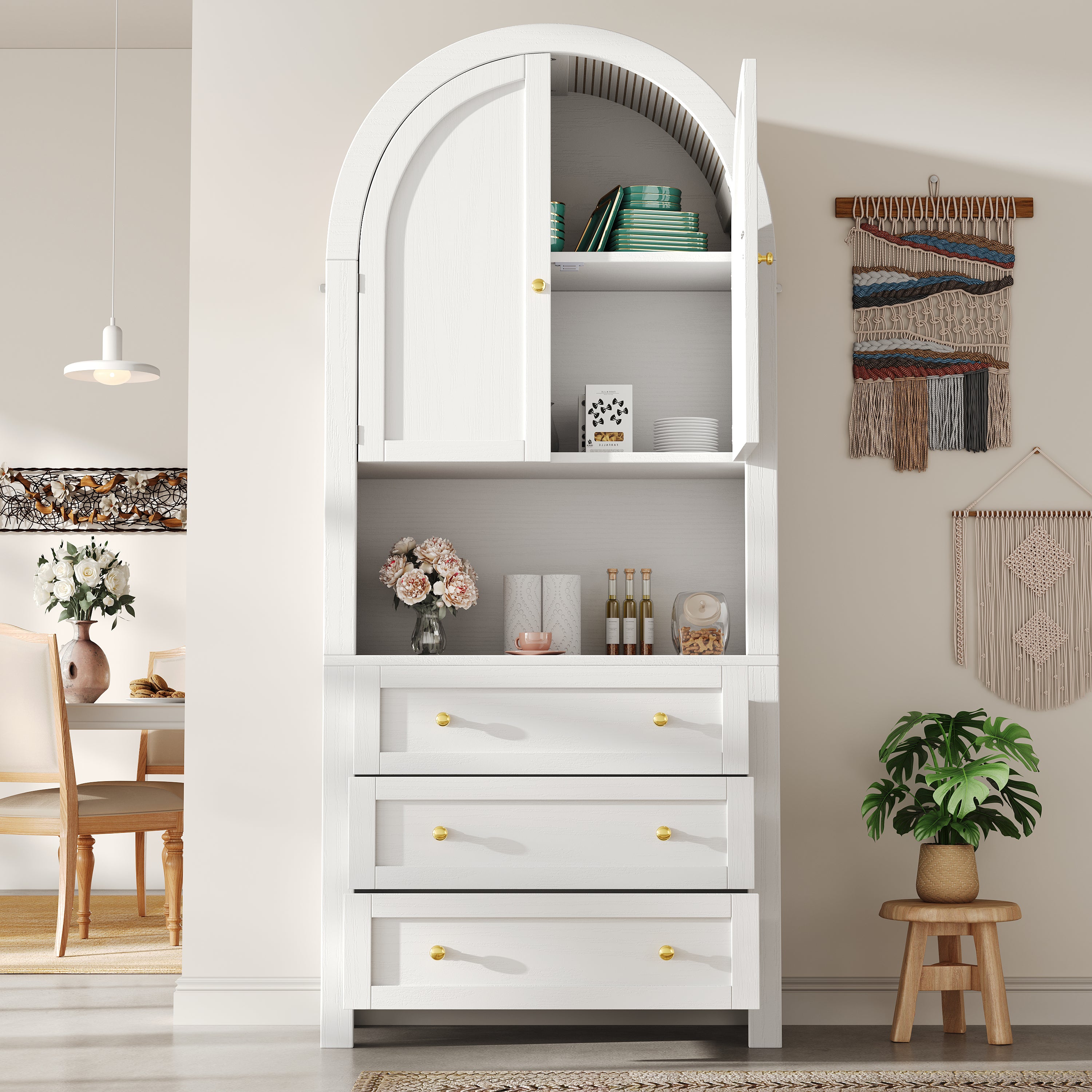 Tall Arched Storage Cabinet Drawers Doors Shelves - White