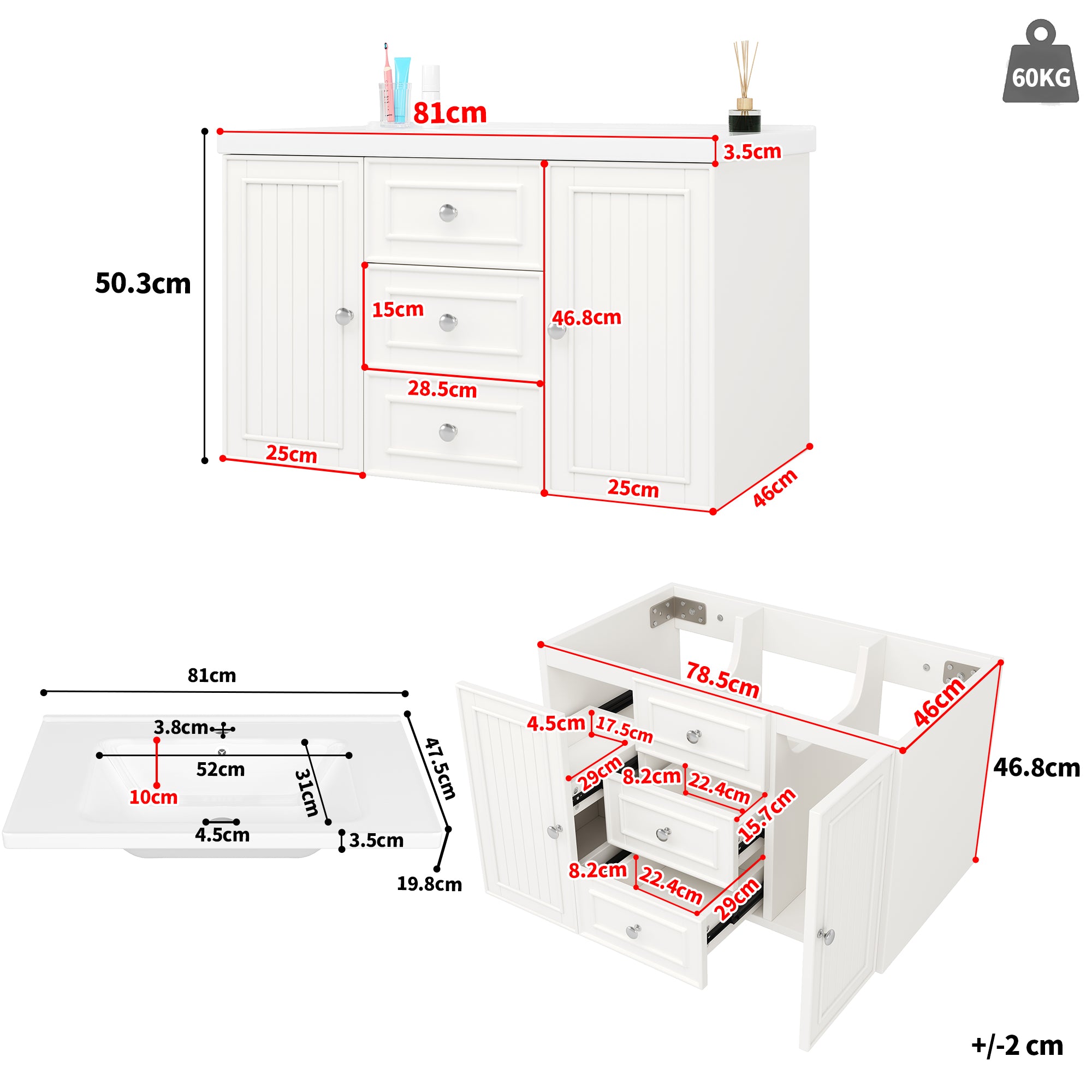 Wall-Mounted Vanity Unit 78.5cm With Sink 3 Drawers - White