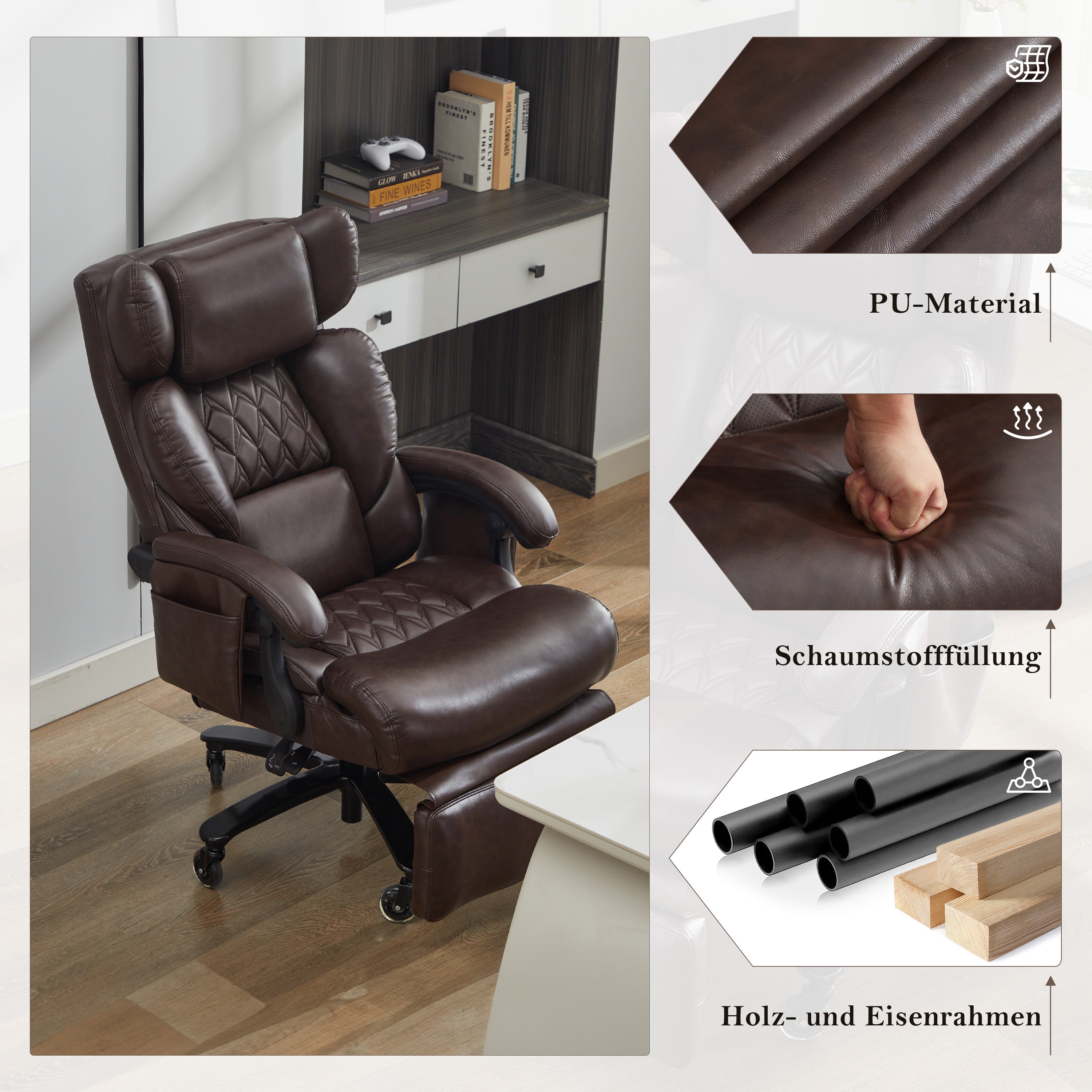 XXL Ergonomic Office Chair with Massage and Heating Function, Footrest and Adjustable Backrest, Brown PU Leather