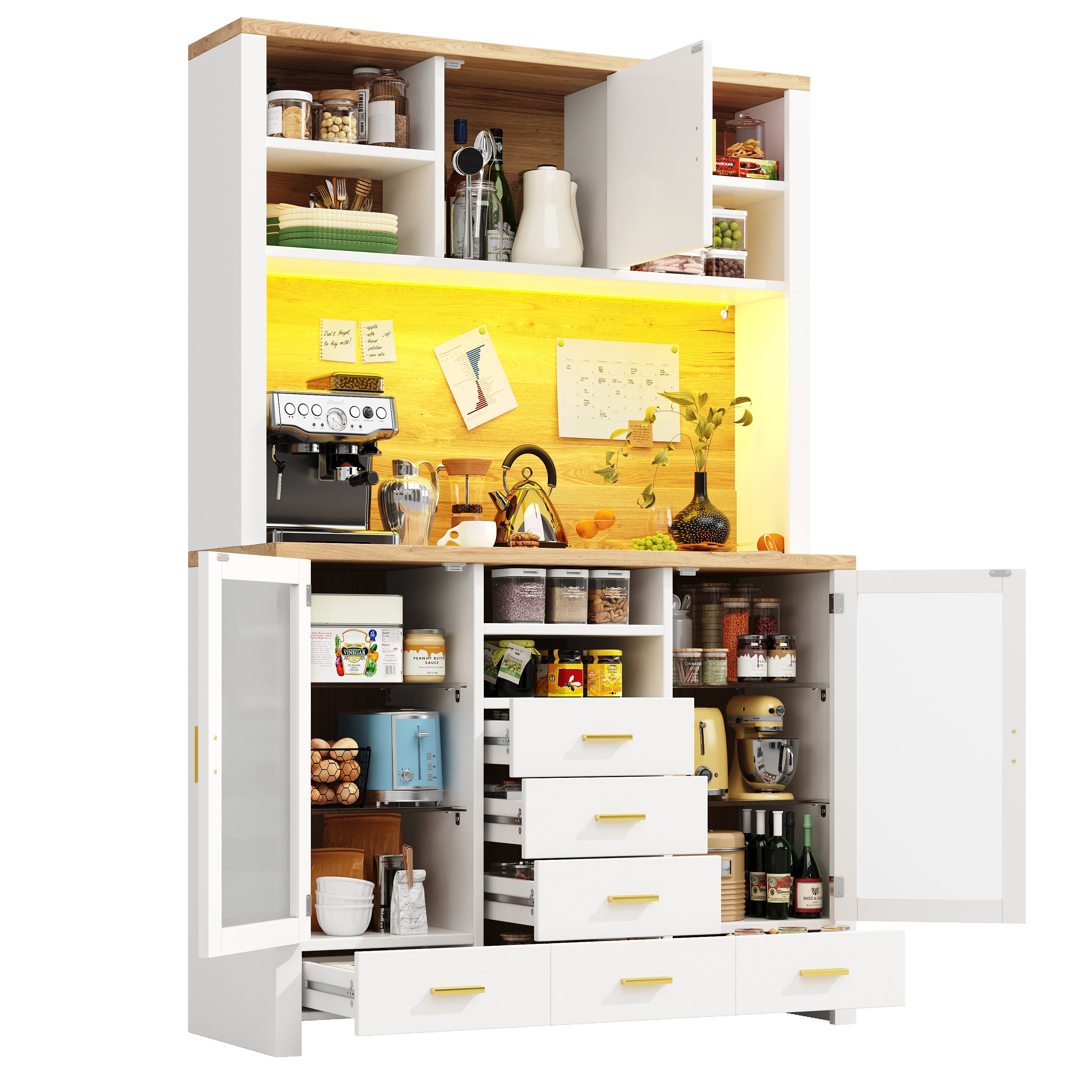 Buffet Sideboard Cabinet with LED Light Strip and Storage Drawers, 120x40x188cm, White and Wood Look