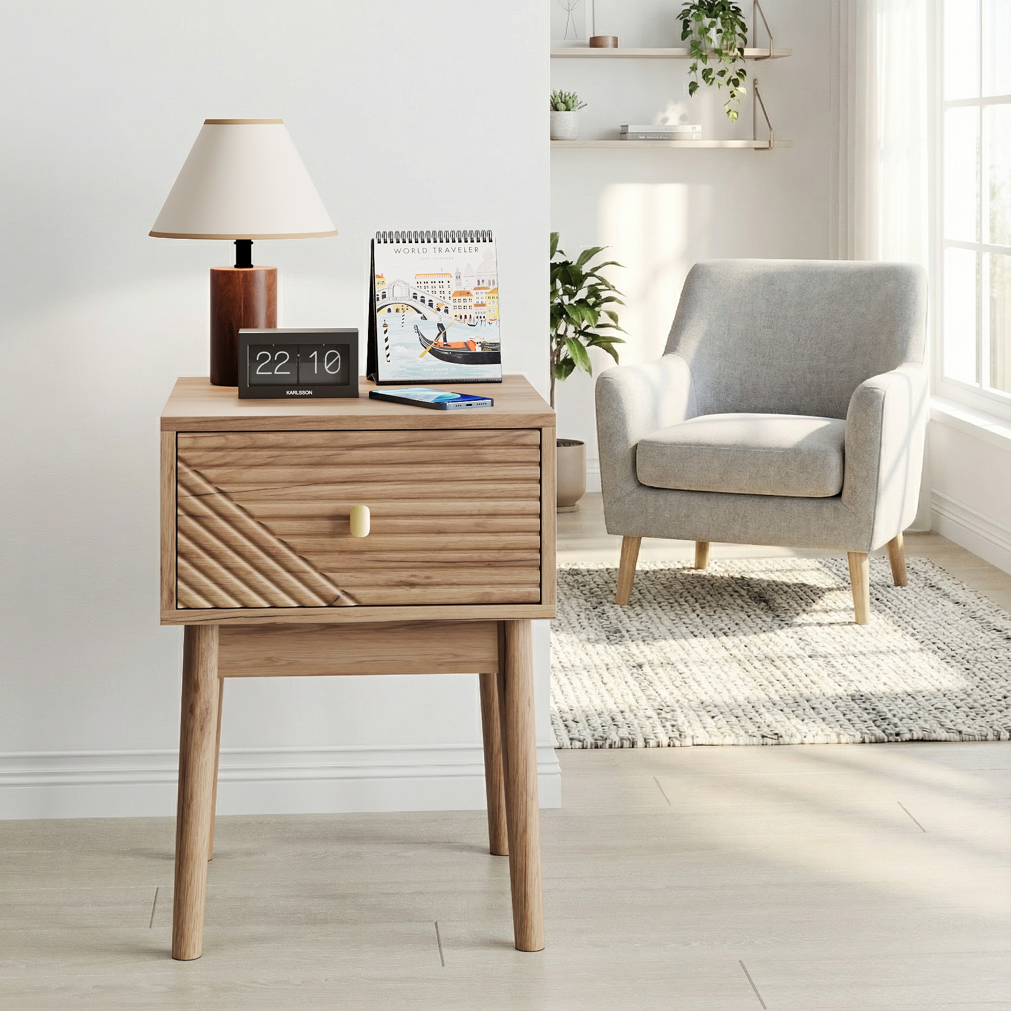 Nightstand Set of 2, Mid-Century Modern Metal Handles 40x40x55cm, Oak-Colored