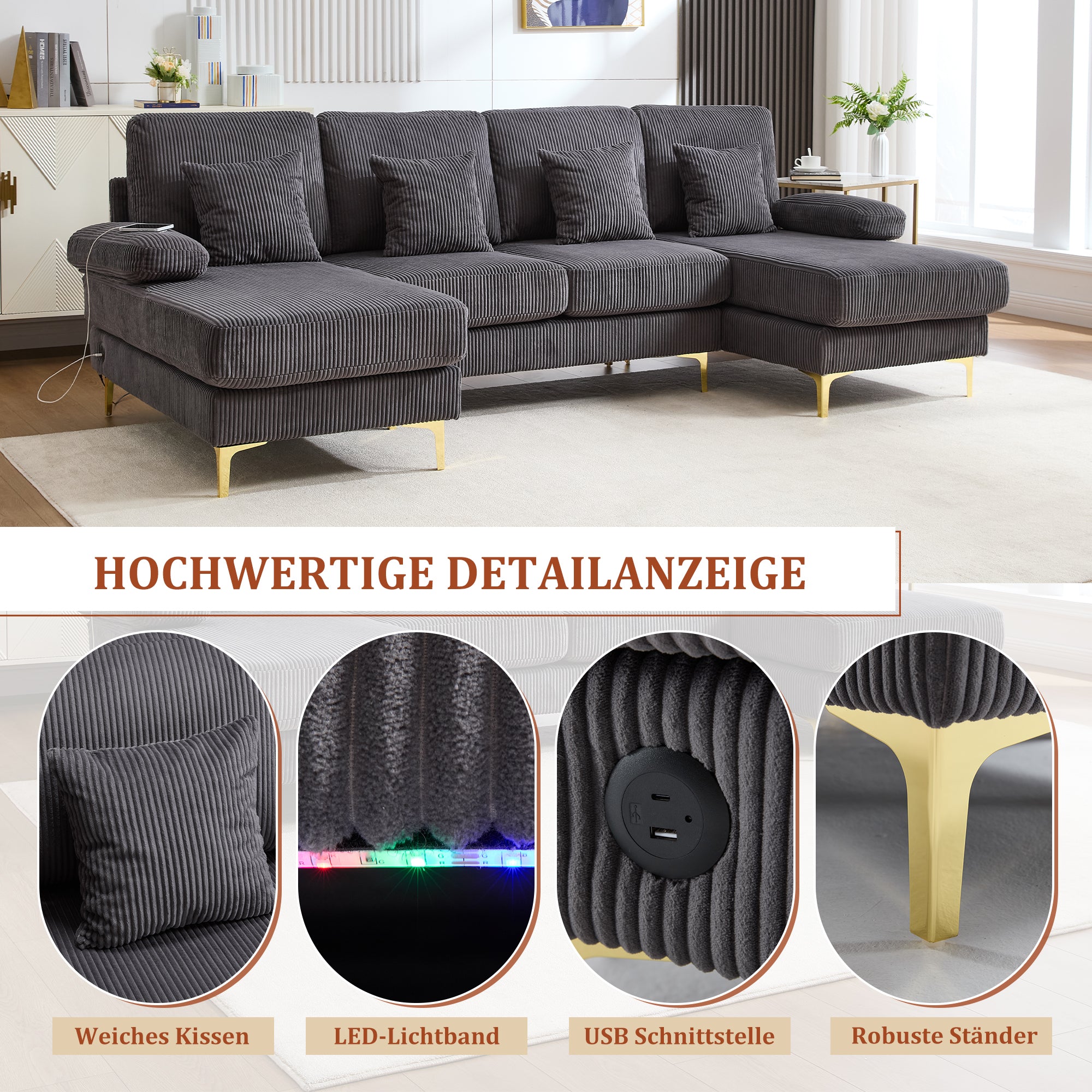 U-Shaped Sofa, LED Ambient Lighting & USB-C Port, Solid Wood Frame, Grey