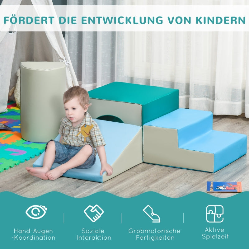 Building Block Set, 4 Foam Blocks, Easy Cleaning, Soft Filling, for 1-3 Years, Light Grey + Blue + Green EPE