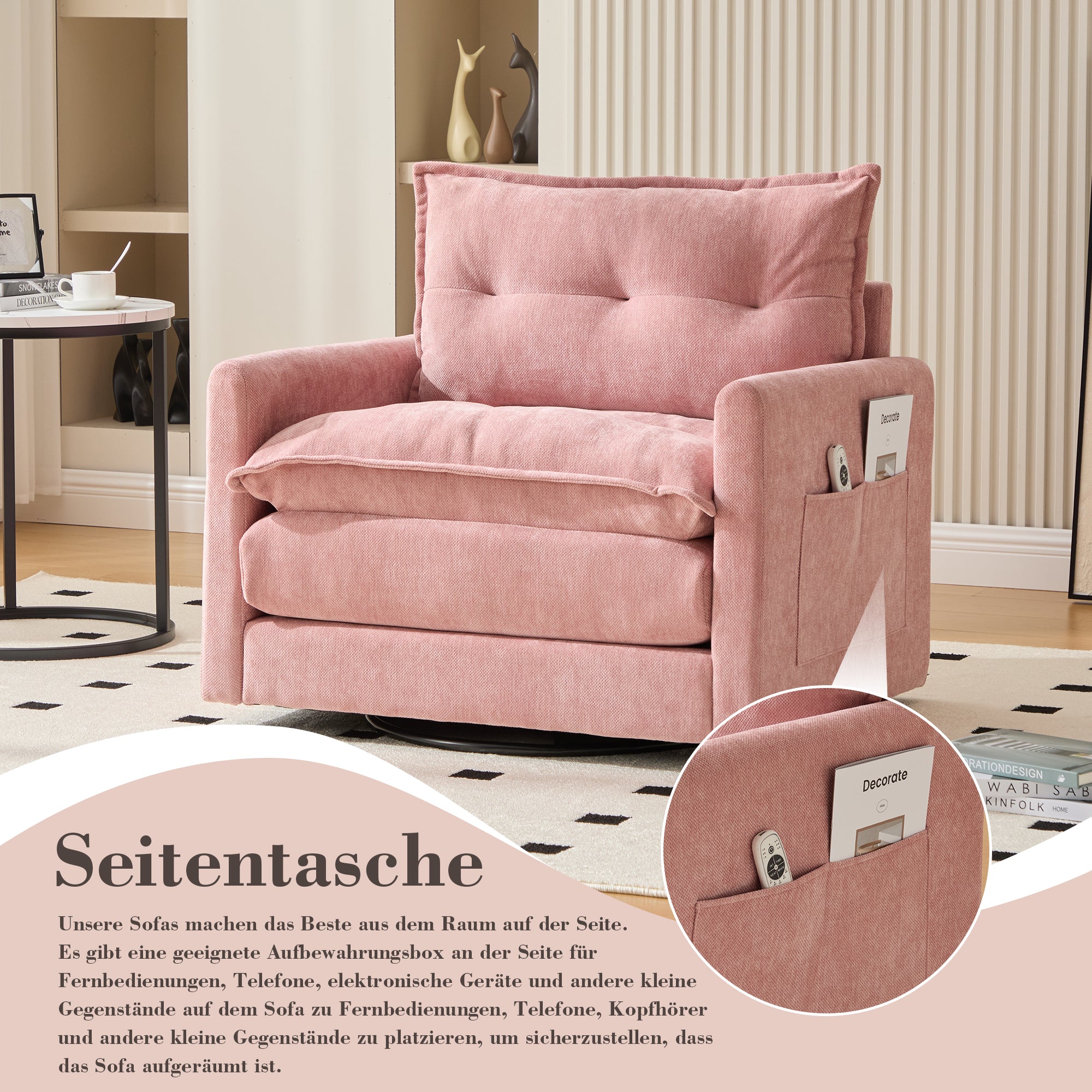 Lounge Chair, 360° Rotating Single Sofa with Armrests & Cushions, Modern Style