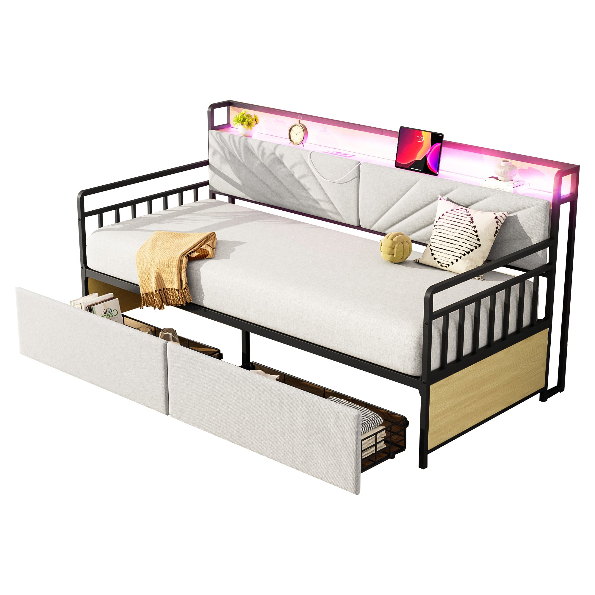 Sofa Bed, 90x200 cm LED, Shelves & Drawers, Beige Iron