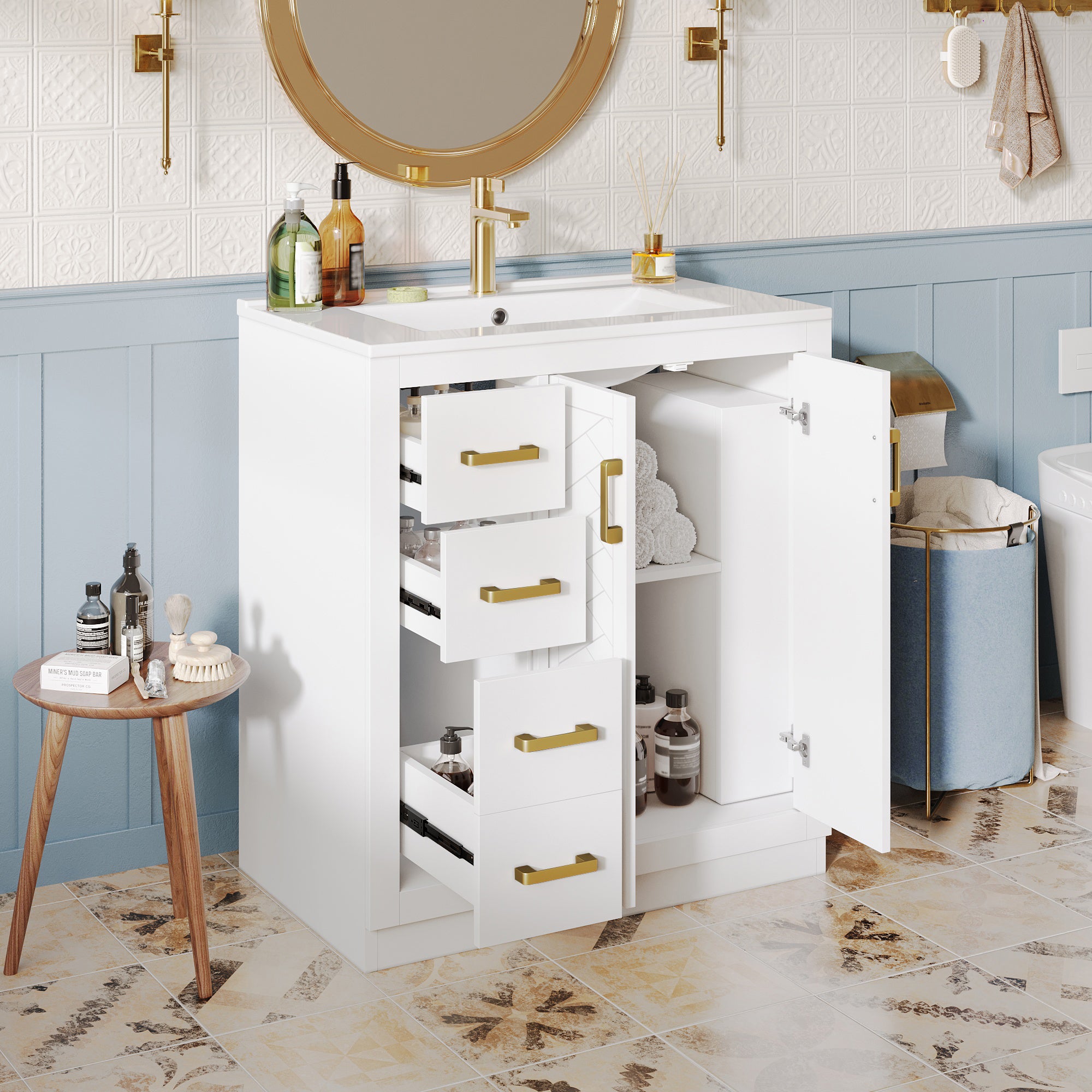 Bathroom Vanity Unit with Ceramic Sink and Side Storage Shelf, White