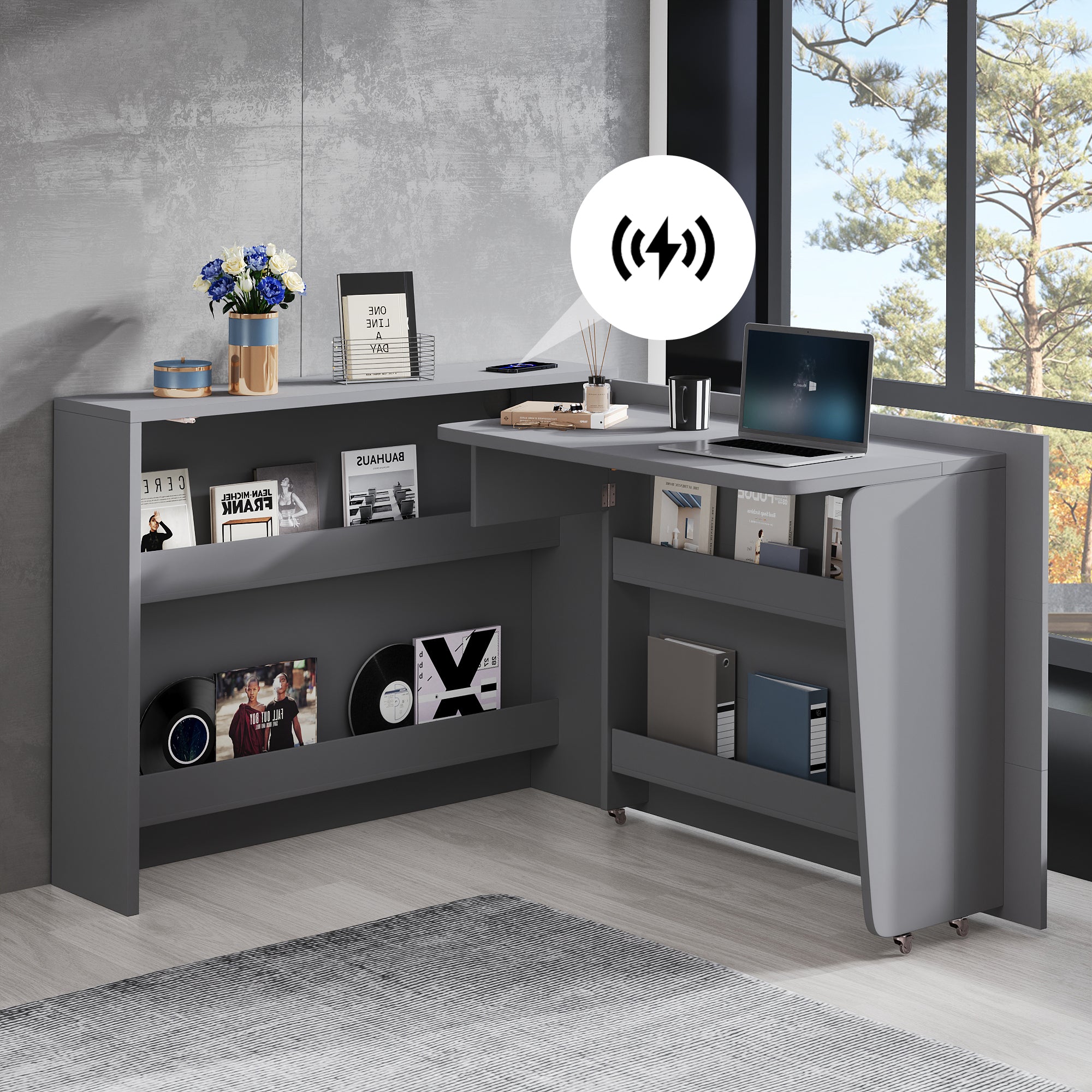 Foldable Desk, 2-in-1 Sideboard & Workstation with Wireless Charger, Wheels & Anti-Tip