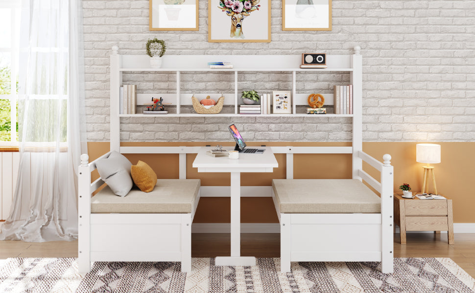 Sofa Bed, Multifunctional 2-in-1 Bed & Desk with Bookshelf & Pillows, Solid Wood White