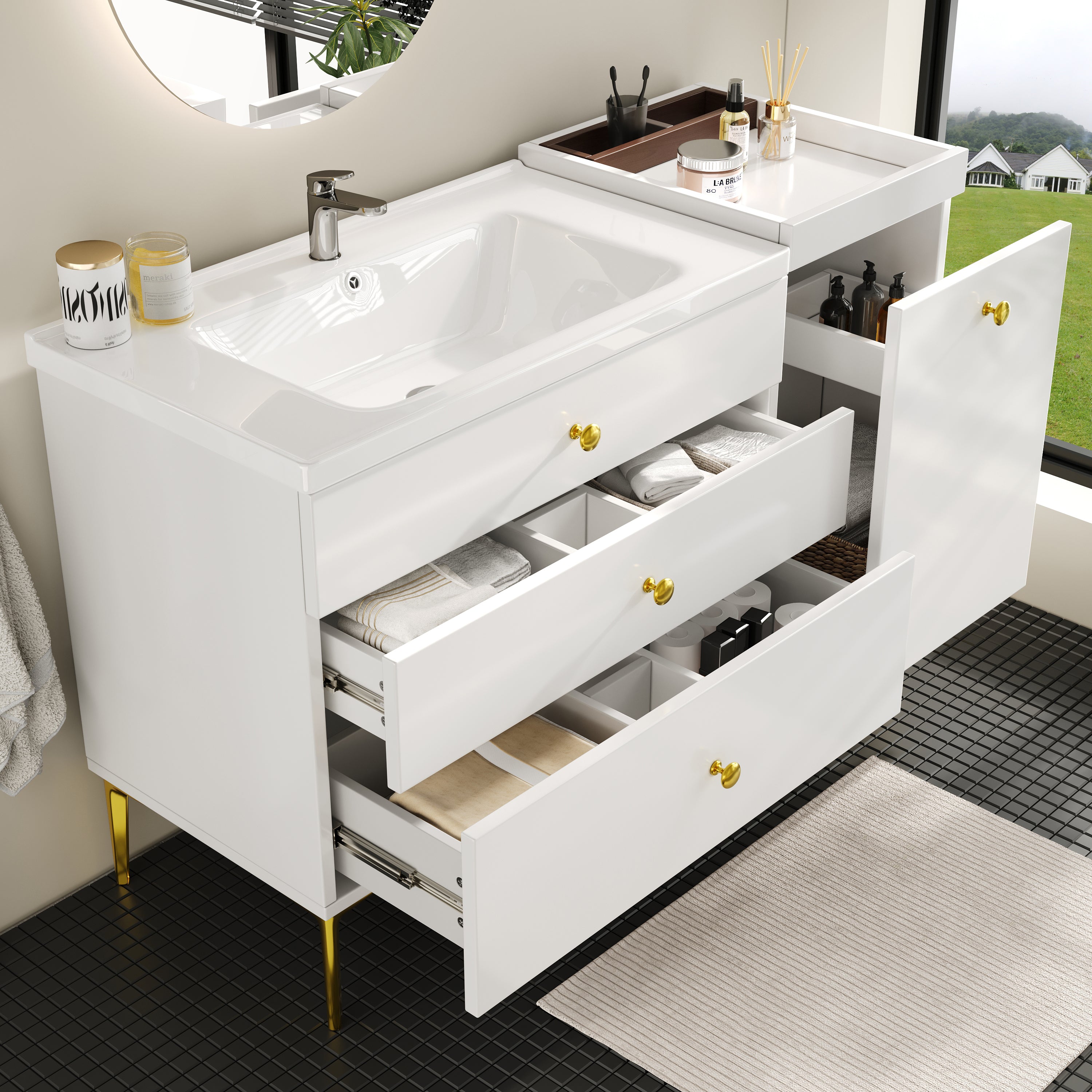 Bathroom Vanity Unit with Ceramic Sink and Storage Drawers, White and Gold