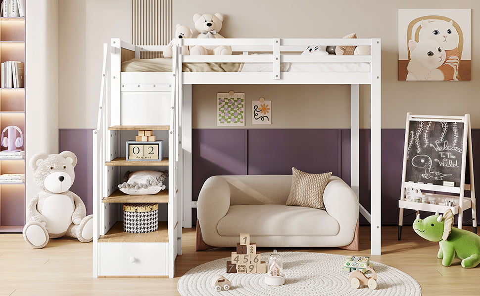 Bunk Bed with Safety Gate, Desk & Storage, Pine+MDF White+Natural