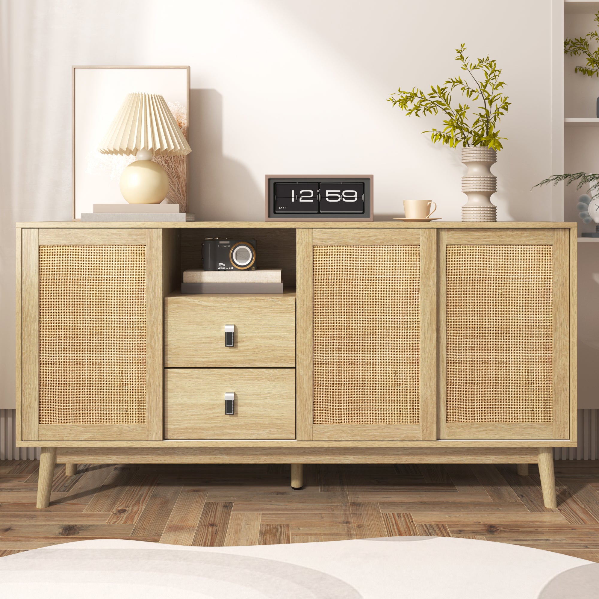 Sideboard, 3 Sliding Real Rattan Doors & 2 Drawers, Wood Color