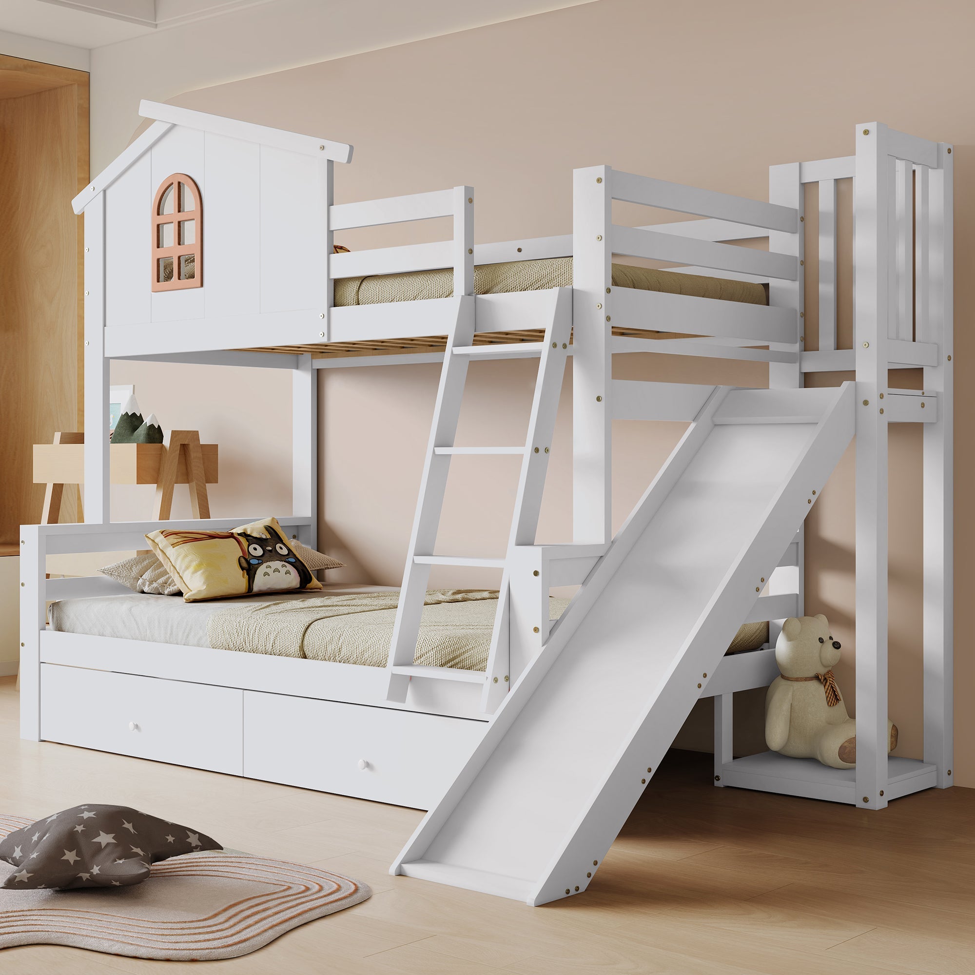 Bunk Bed with Windows, Slide, Two Drawers, Solid Wood Frame, White
