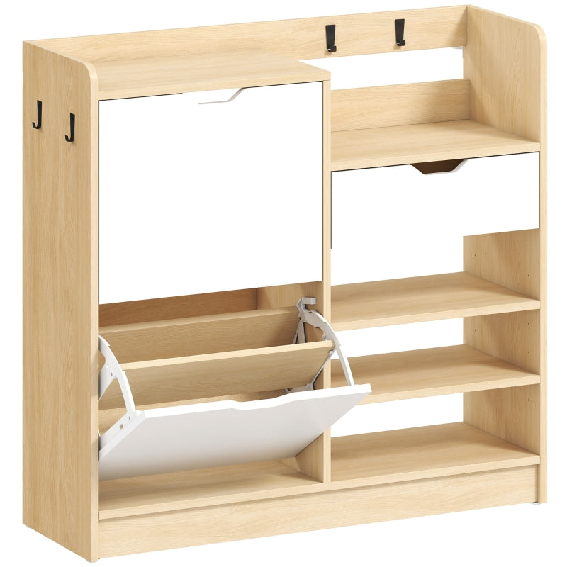 Shoe Rack with Tilting Drawers, Open Shelves, 4 Hooks, 14 Pairs, Natural