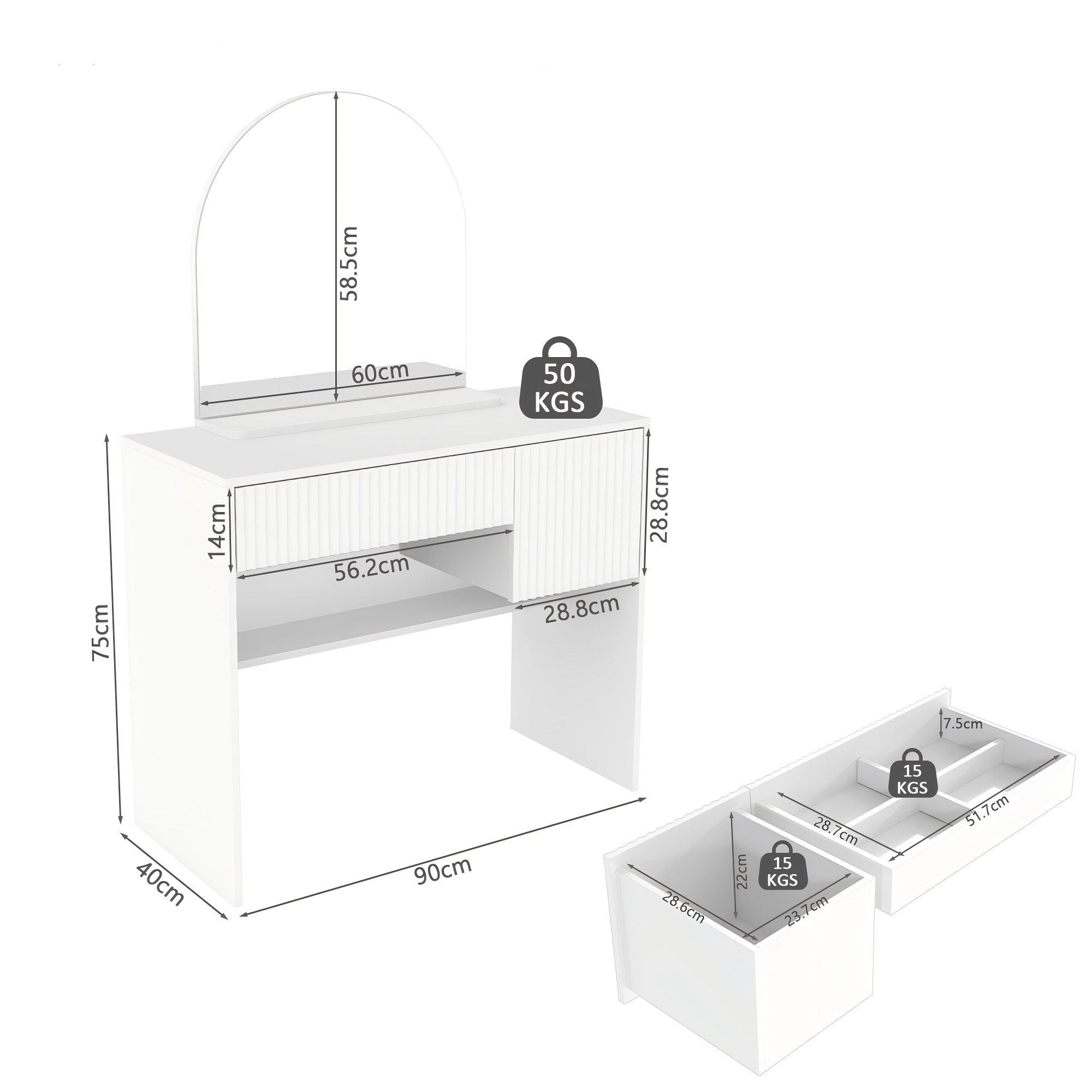 Dressing Table with Mirror, Drawers & Open Shelves - White