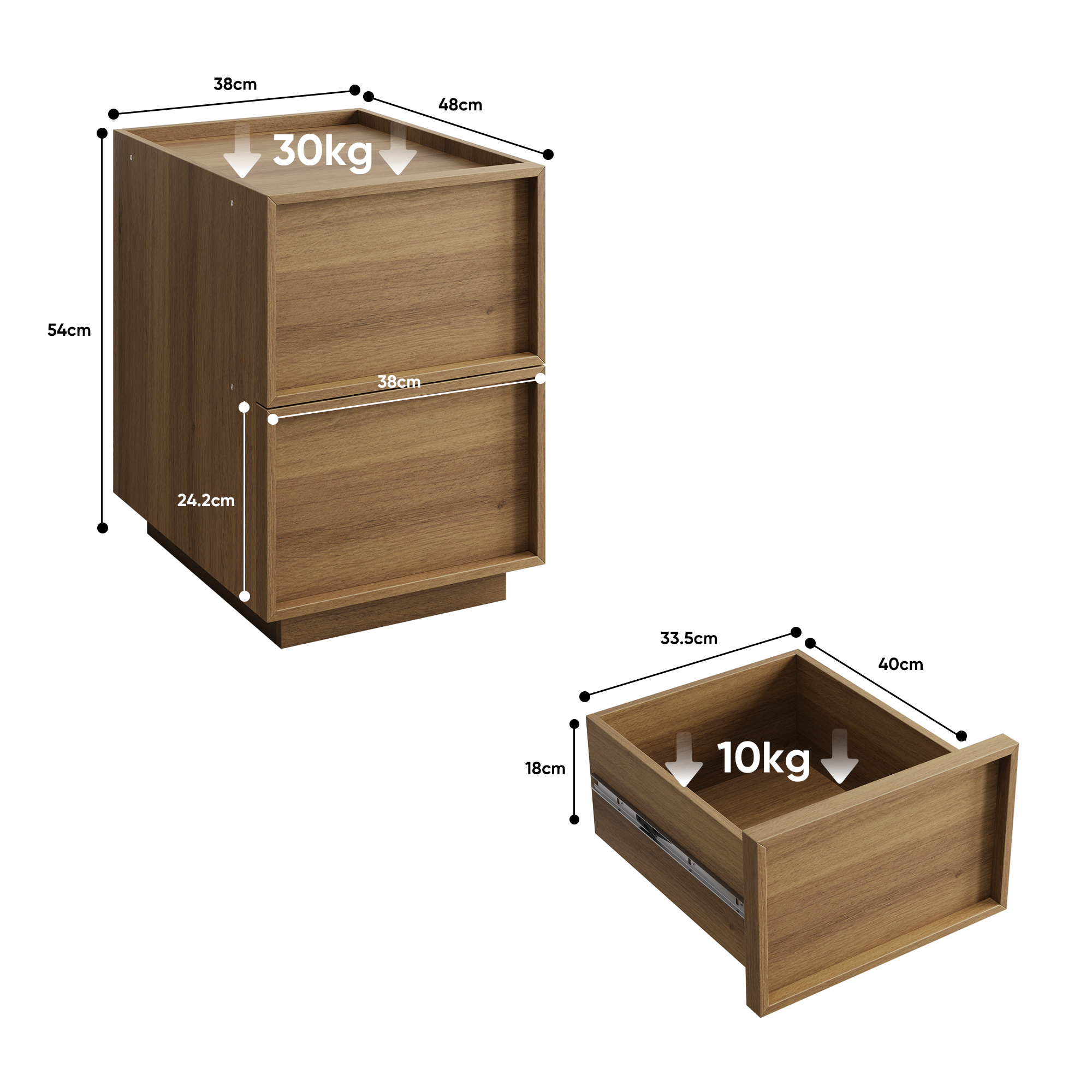 Medieval-Modern Bedside Table with 2 Handleless Drawers and Metal Rails, Oak Look MDF