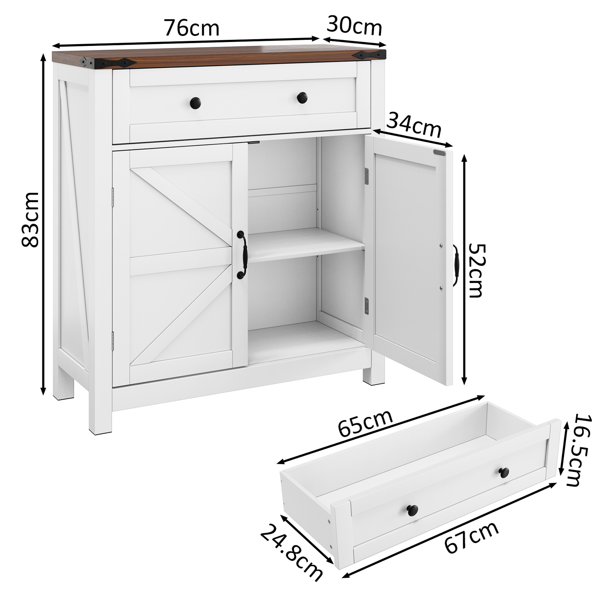 Farmhouse Storage Cabinets with Drawers and Adjustable Shelves, White with Walnut Countertops