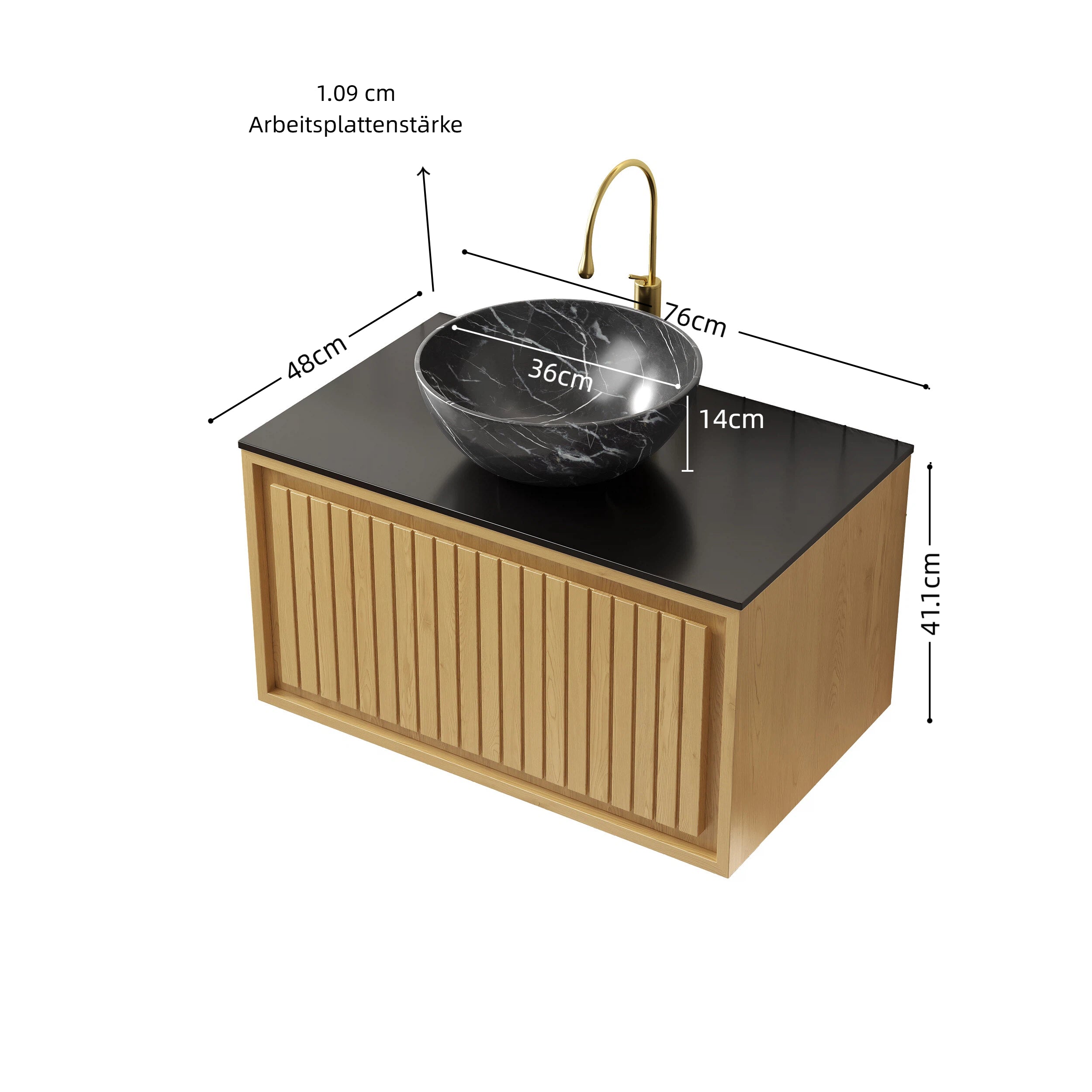 Wall-Hung Bathroom Sink 61cm Black Ceramic Bowl Sintered Stone Top Drawer - Corolla Oak