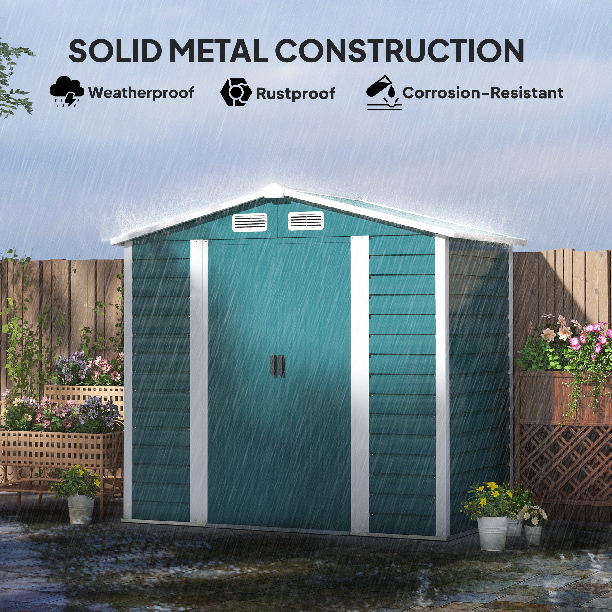 7 x 4ft Garden Shed, Easy Assemble Galvanised Steel Frame with Double Doors and Lock, Green