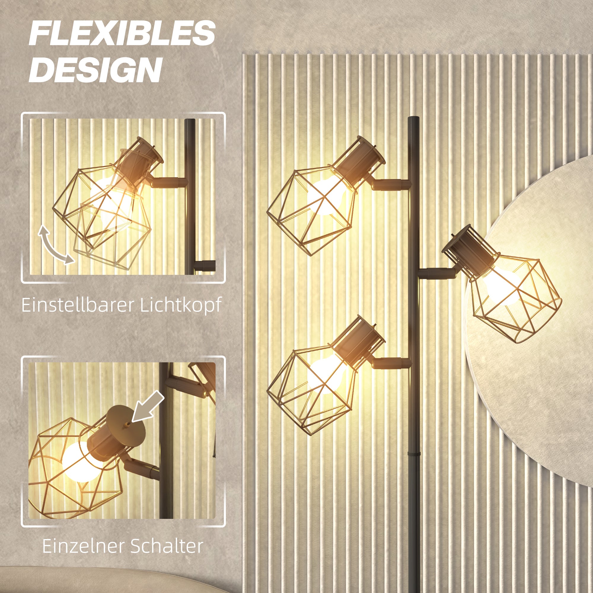 Floor Lamp, 3 E27 Sockets 40W Adjustable Flames 169cm, Black Metal