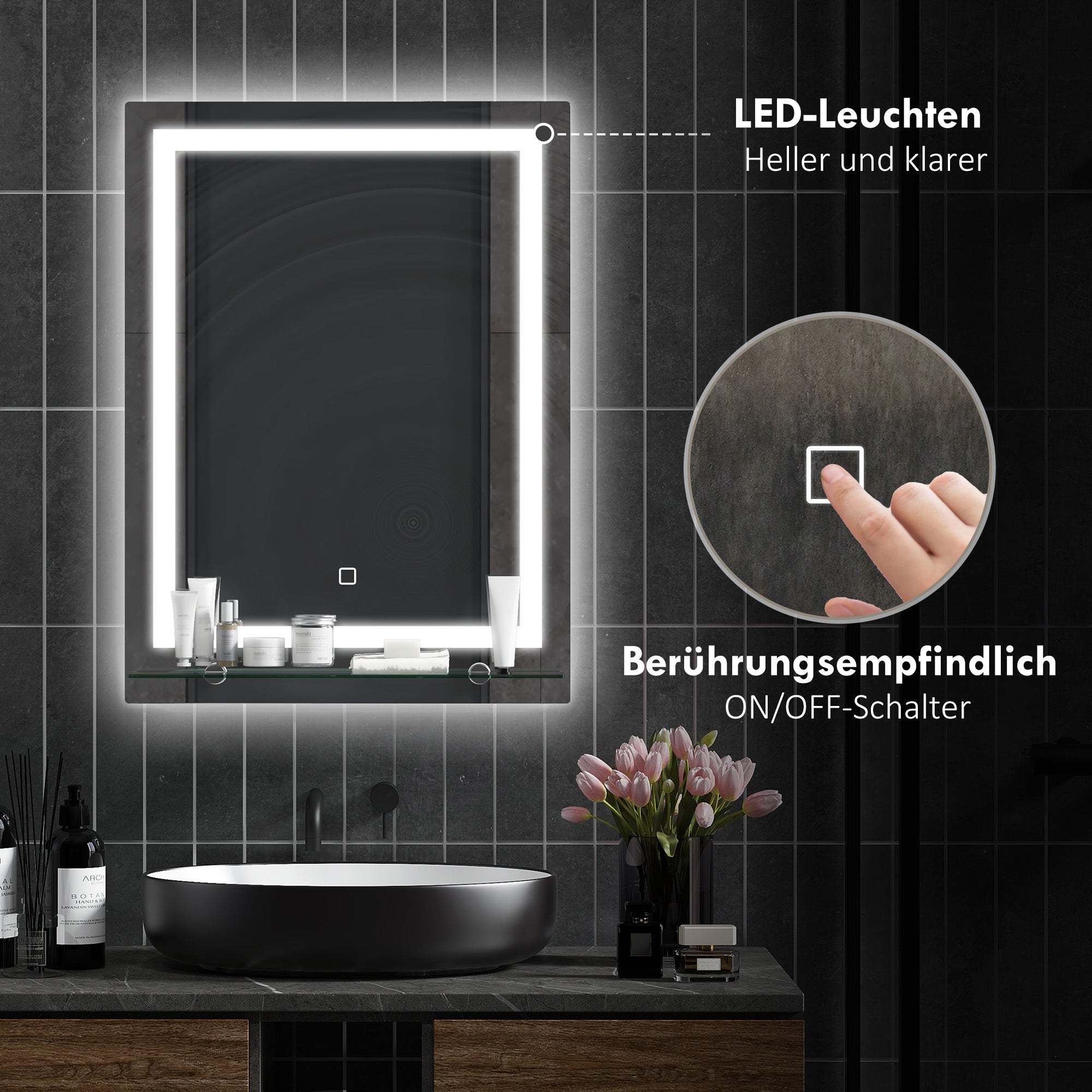 kleankin Bathroom Mirror, LED Lighting, 3 Light Colors, Aluminum