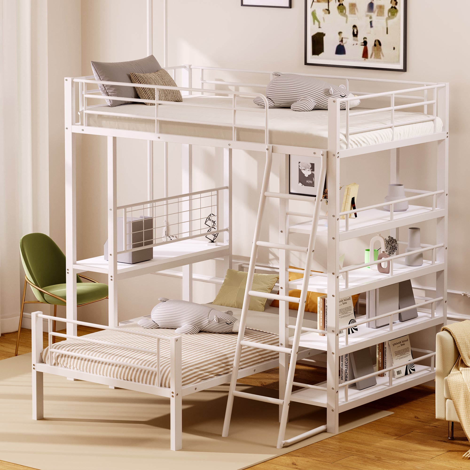 Bunk Bed, Metal Frame Loft with Storage, White