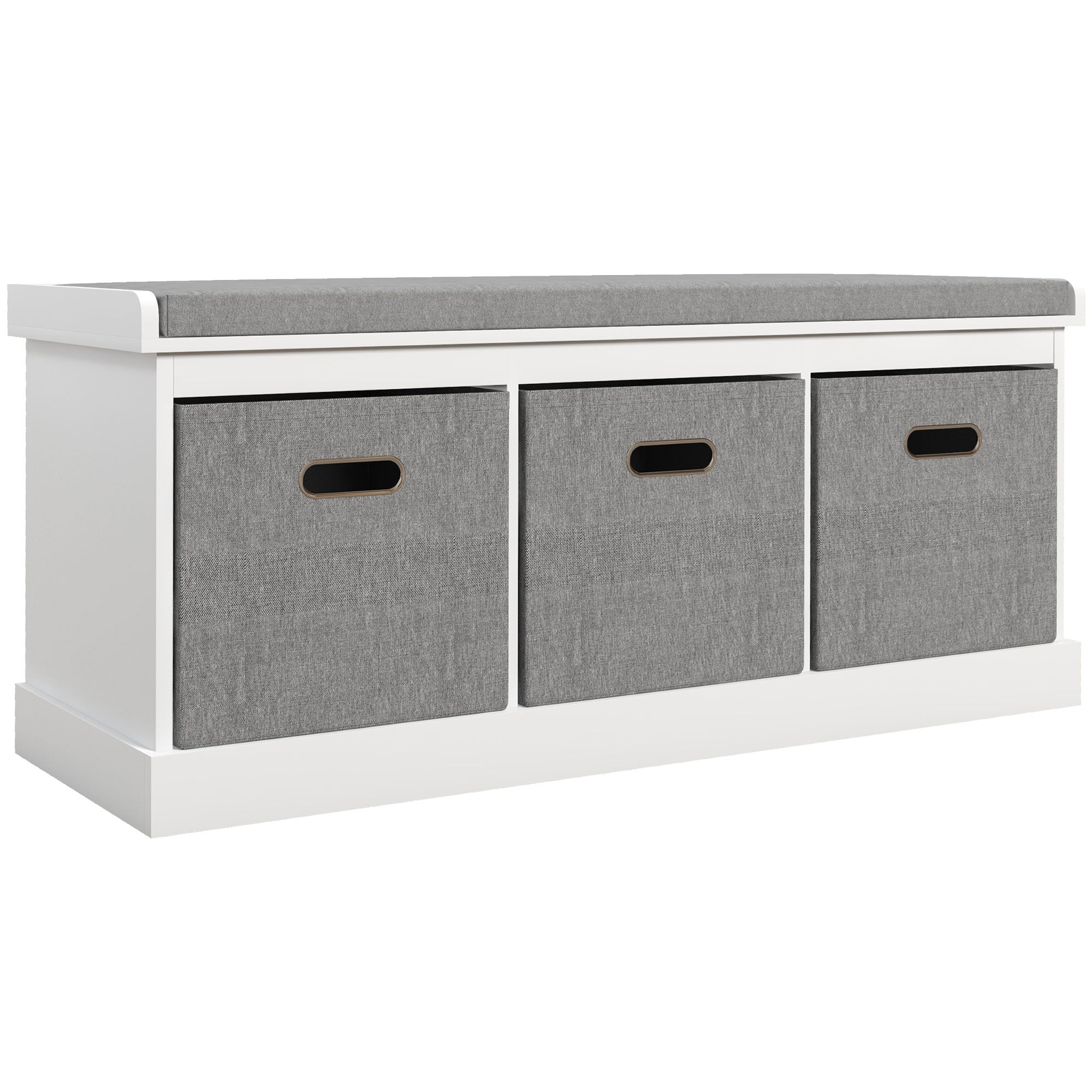 Shoe Storage Bench, Three-Drawer Padded Seat - White