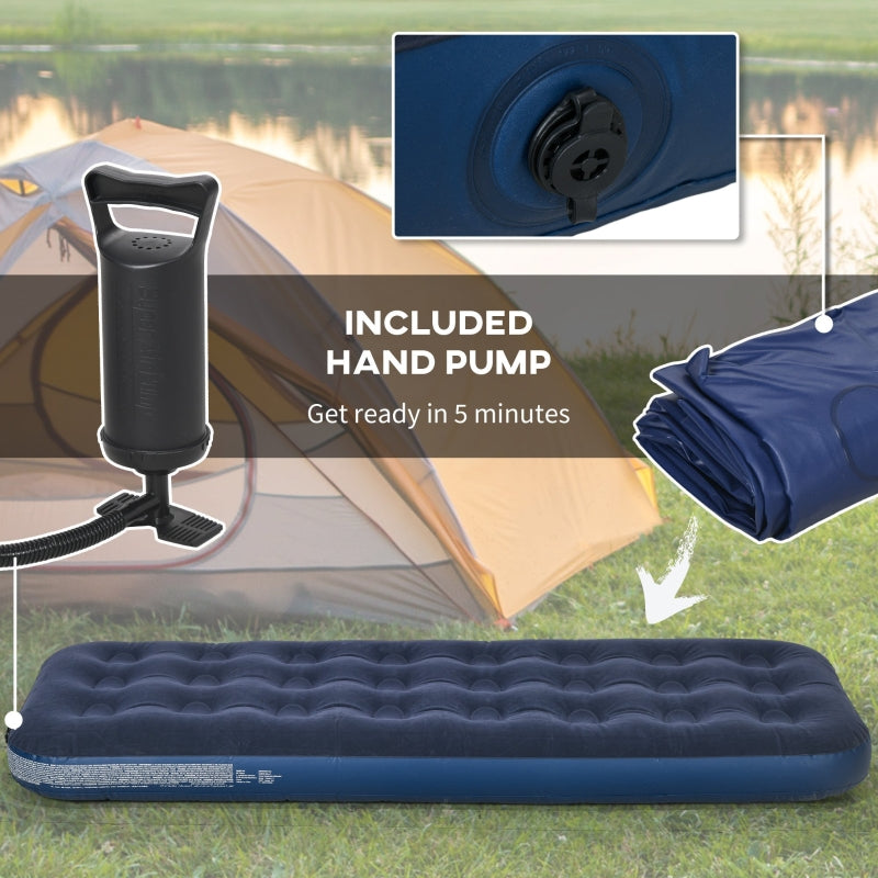 Single Air Bed Inflatable Flocked Mattress with Hand Pump, Blue