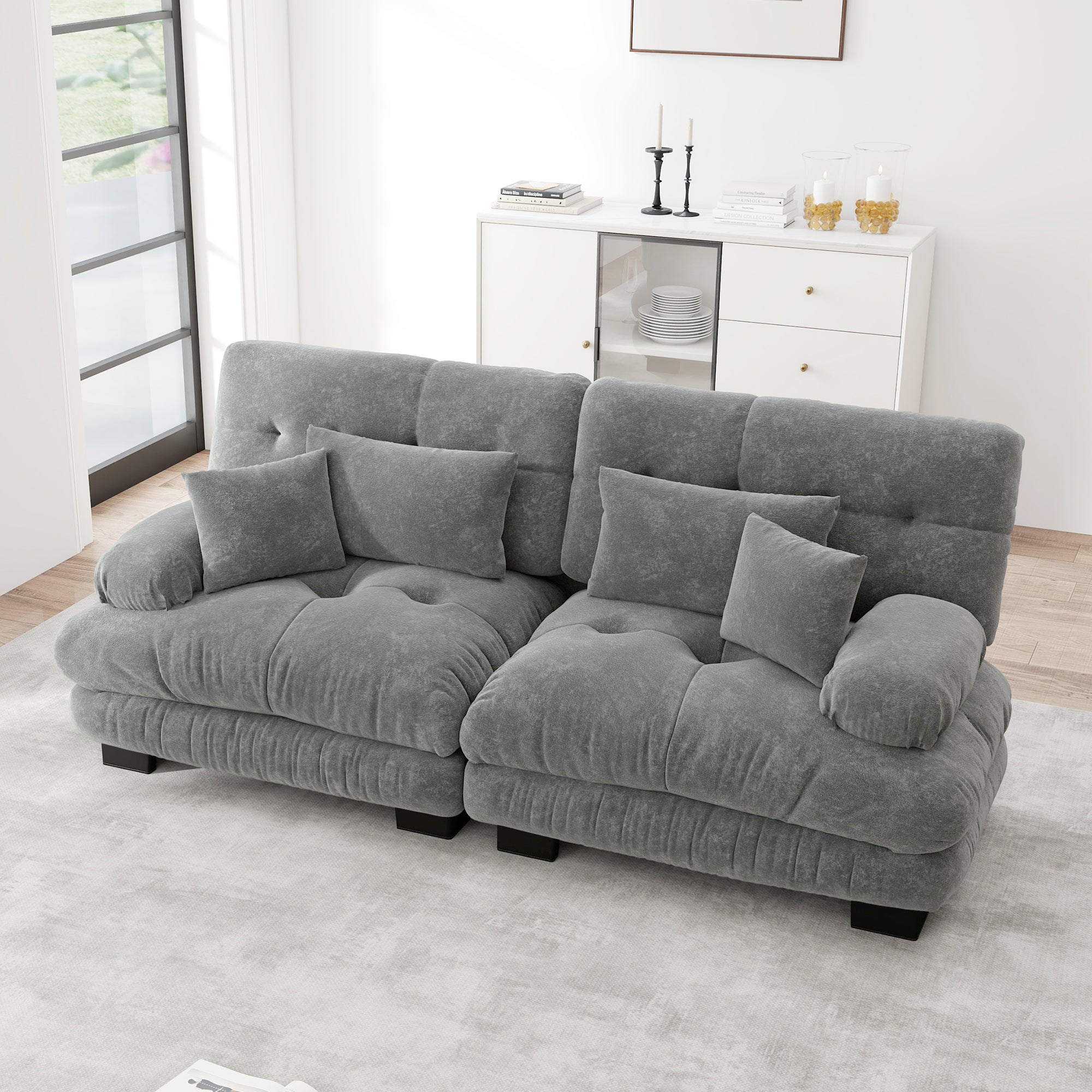 Cloud Corner Sofa, Double with Lumbar & Decorative Cushions, Chenille Grey