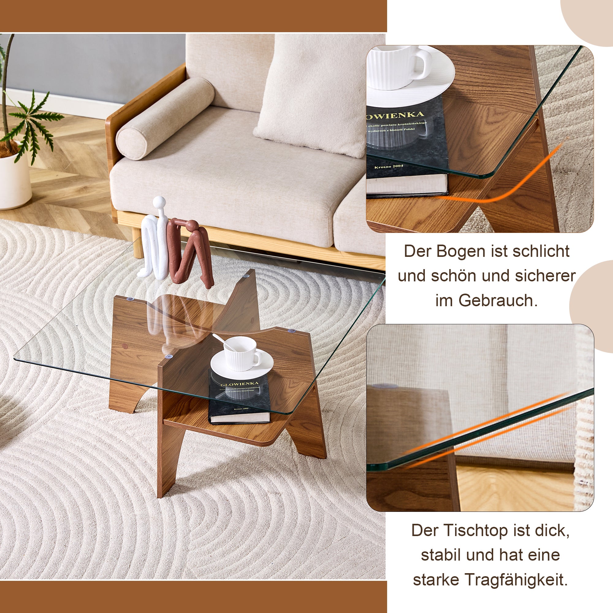 Square Side Table 80cm Tempered Glass MDF Legs - Walnut Finish