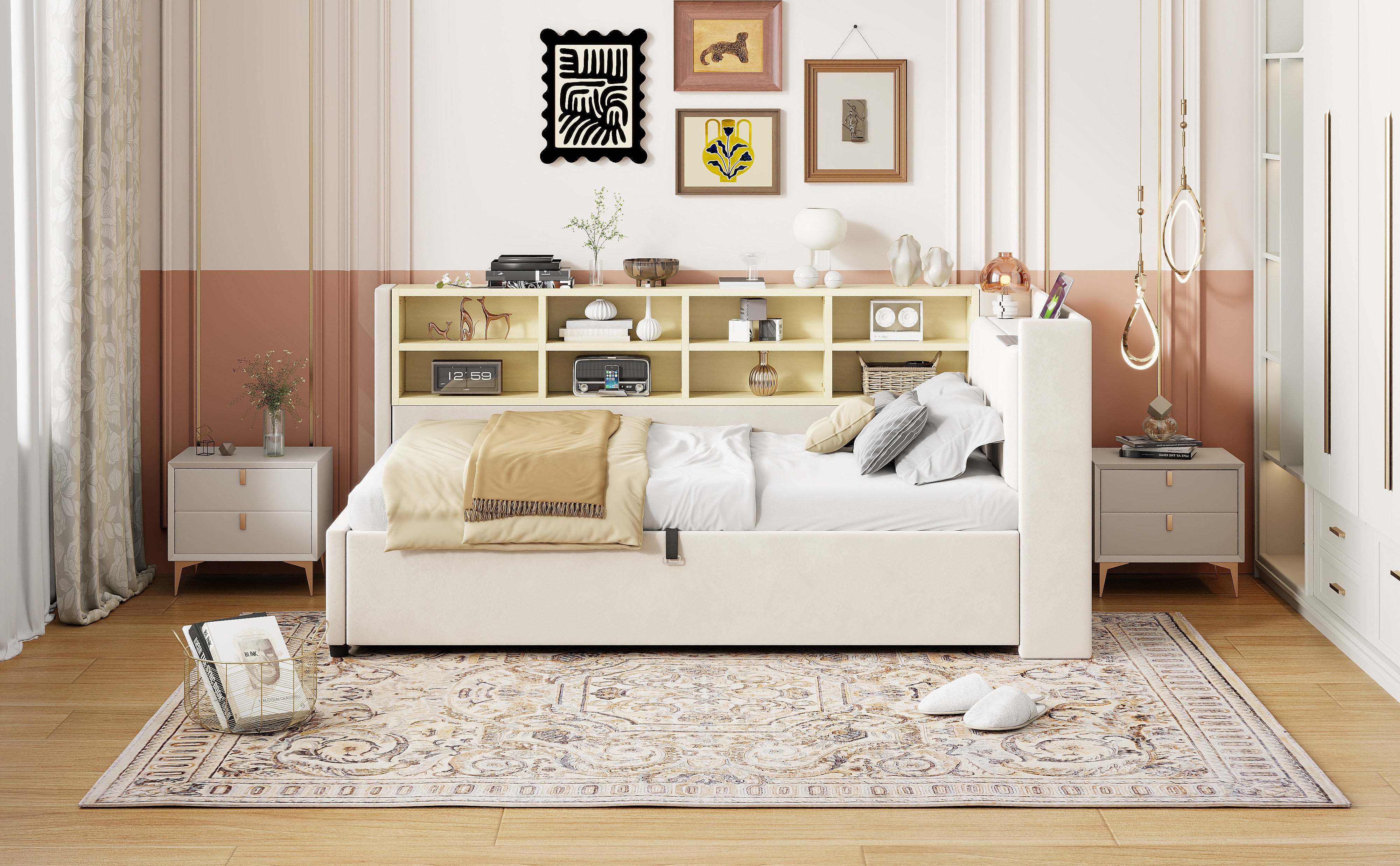 Sofa Bed, 90x200cm, Hydraulic Storage, Night Light, USB/Type-C, Velvet Beige