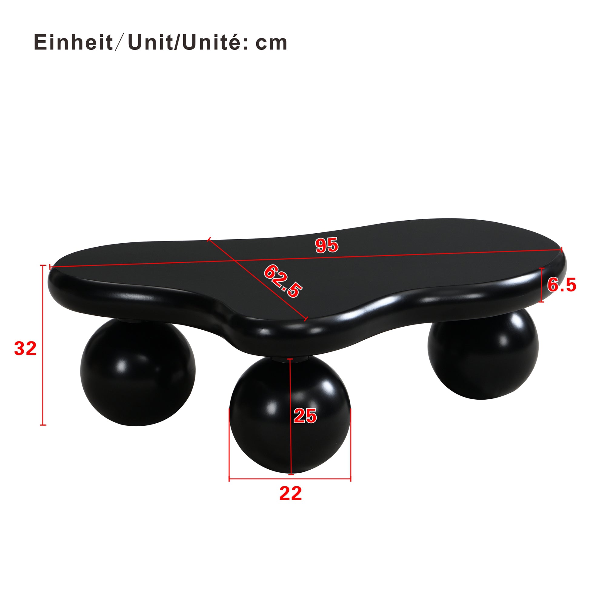 Coffee Table, Cloud-Shaped with LED Lighting & Round Legs, Black