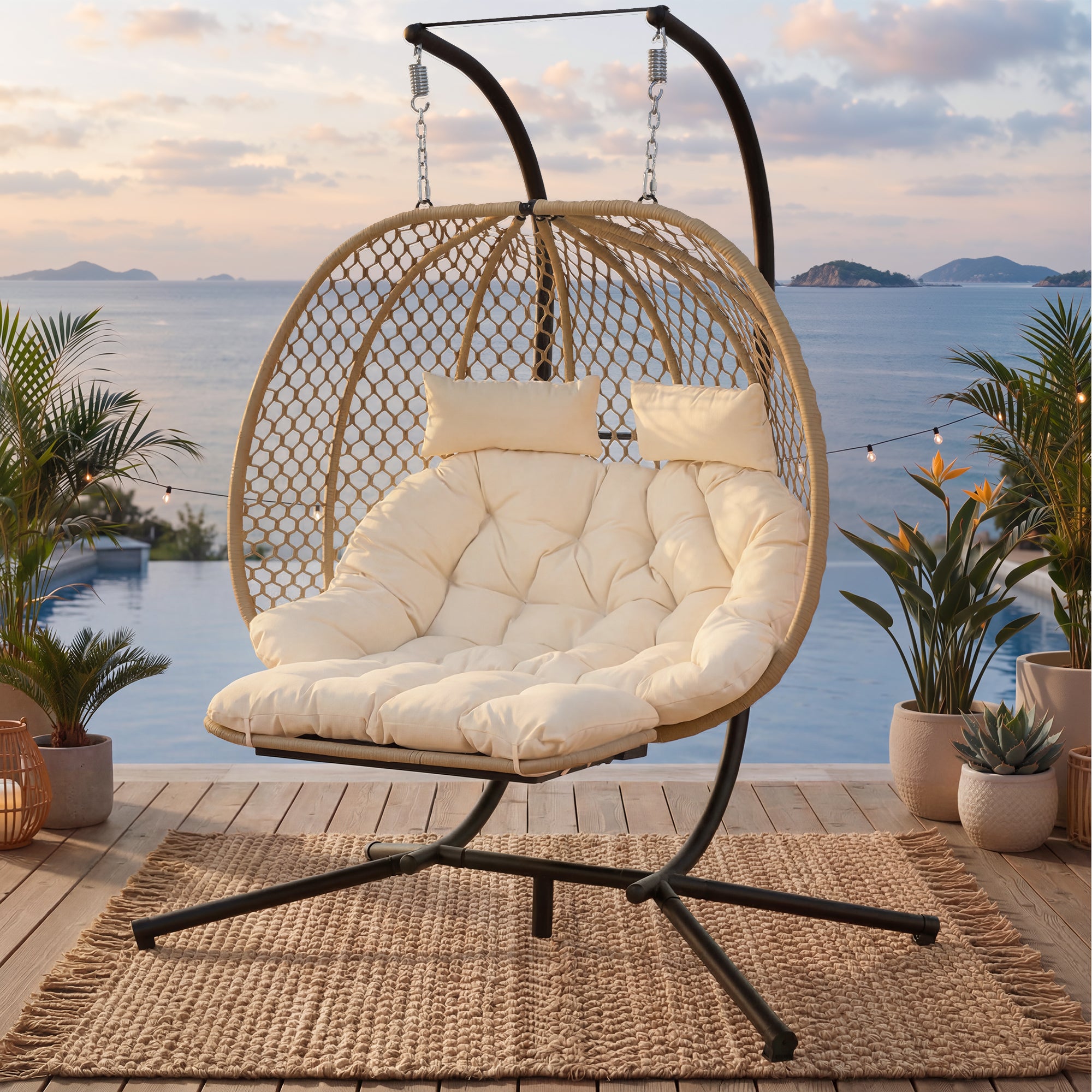 Double Hanging Egg Chair with Stand, Seat Cushion and Footrest, Outdoor/Indoor, Metal and Rattan